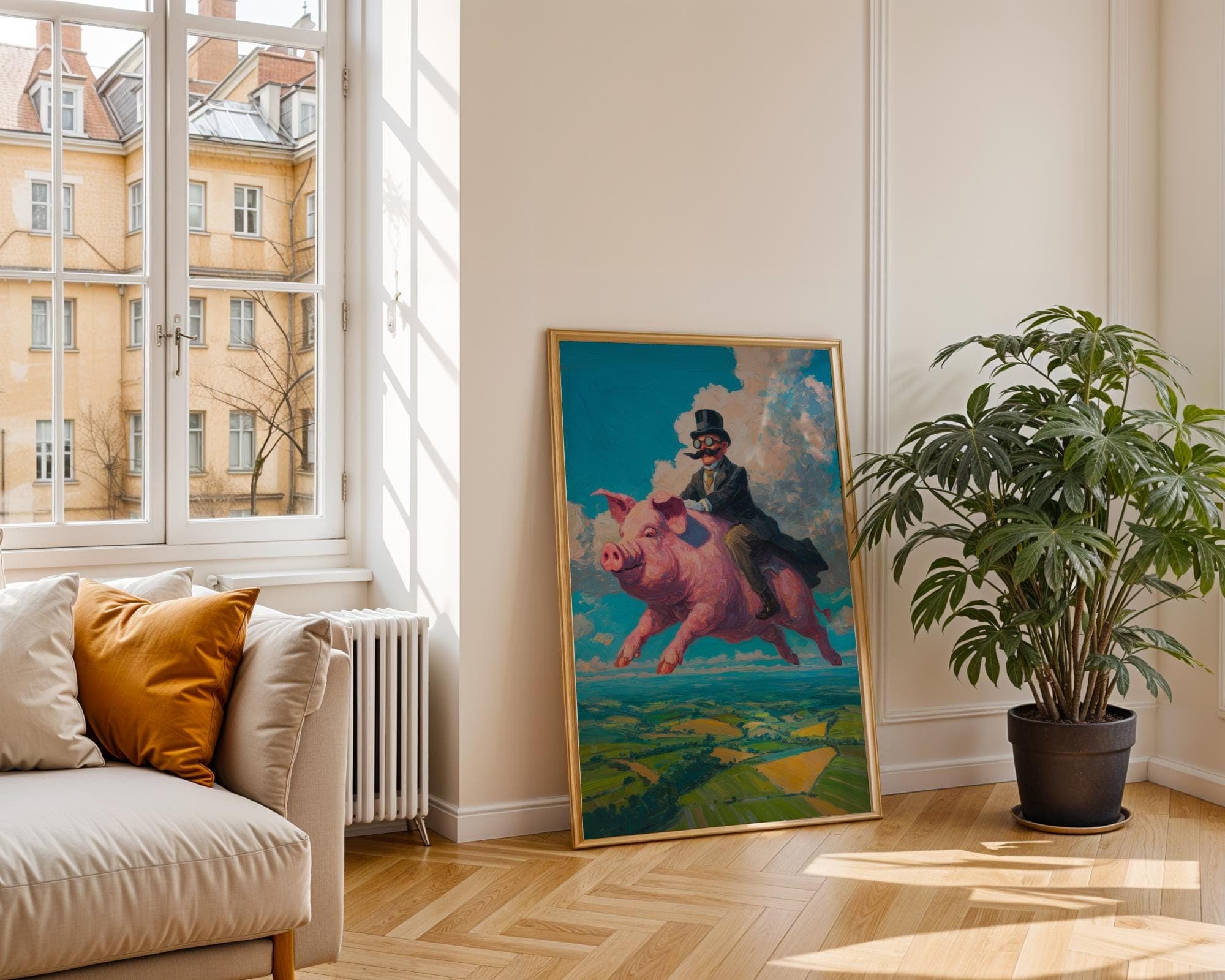 Flying Pig Wall Art – Surreal Vintage Gentleman Riding Pig Print, Digital Wall Art, Sepia Surreal Art, Retro Fantasy Wall Decor, Funny Pig - view 6
