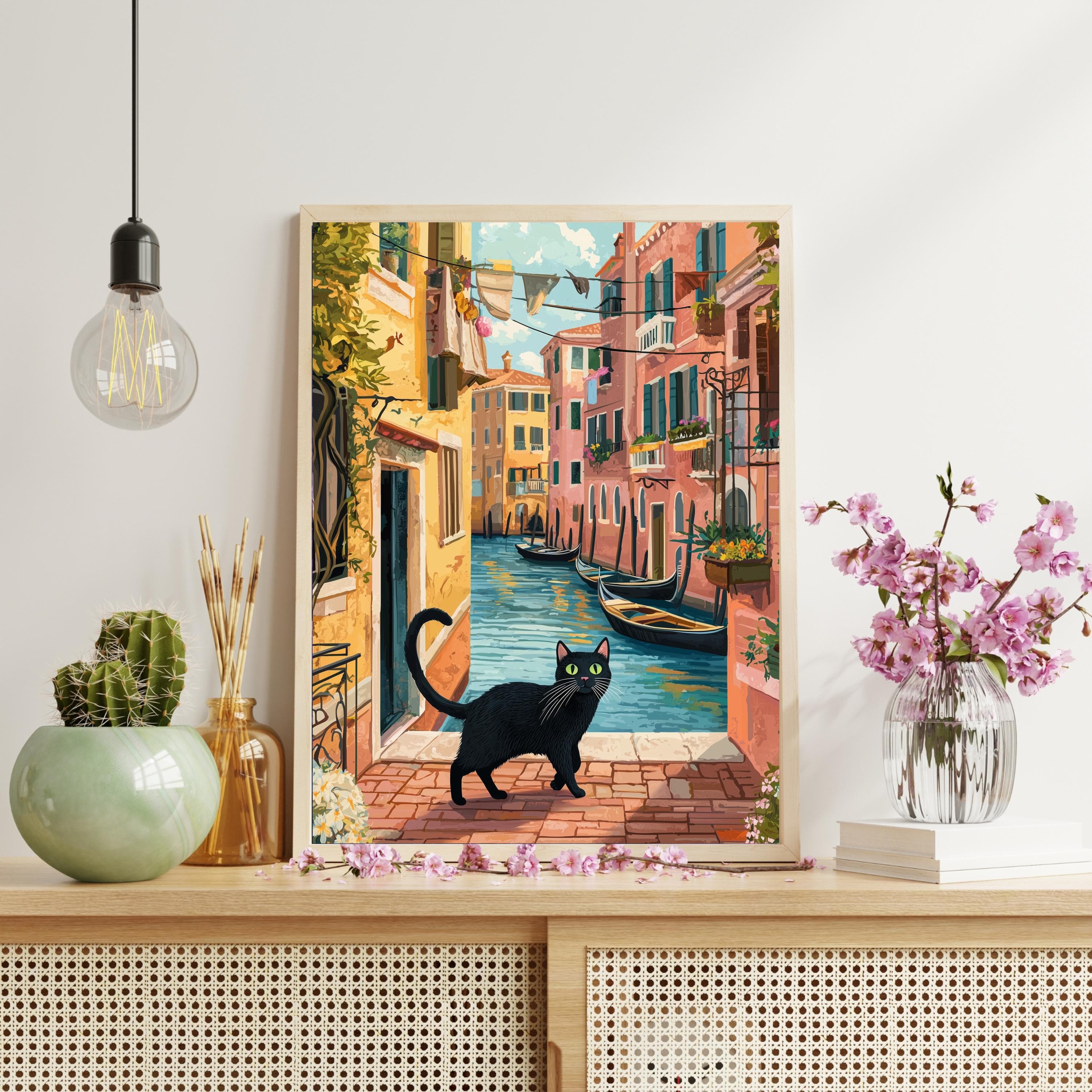Venice Print, Venice Poster, Venice Wall Art, Venice Black Cat Poster, Colorful Black Cat Venice Wall Art, Italy Wall Art, Eclectic Cat Art - view 6