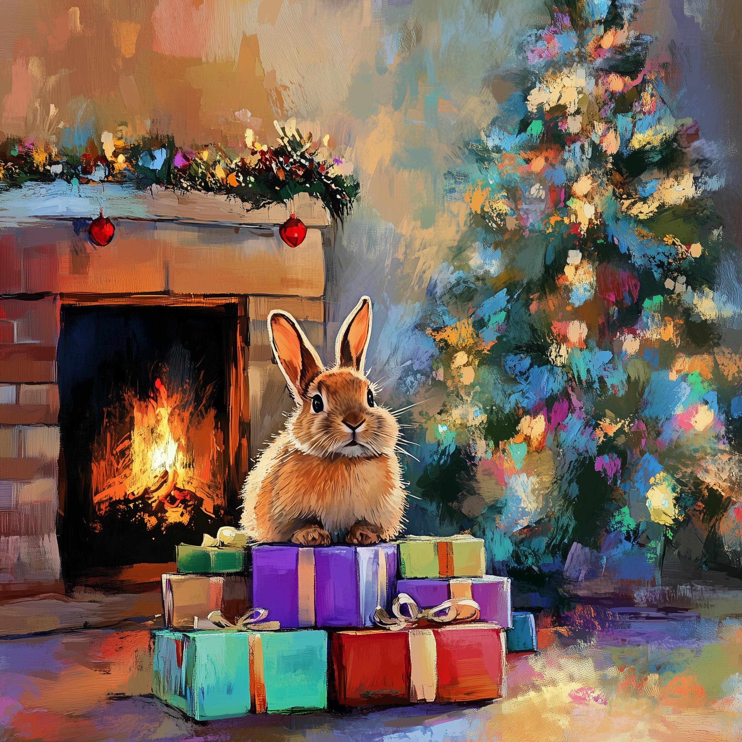 Cute Bunny Christmas Art, Festive Animal Art, Rabbit Christmas Art, Winter Home Decor, Cute Winter Art Print, Digital Bunny Christmas Art - view 2