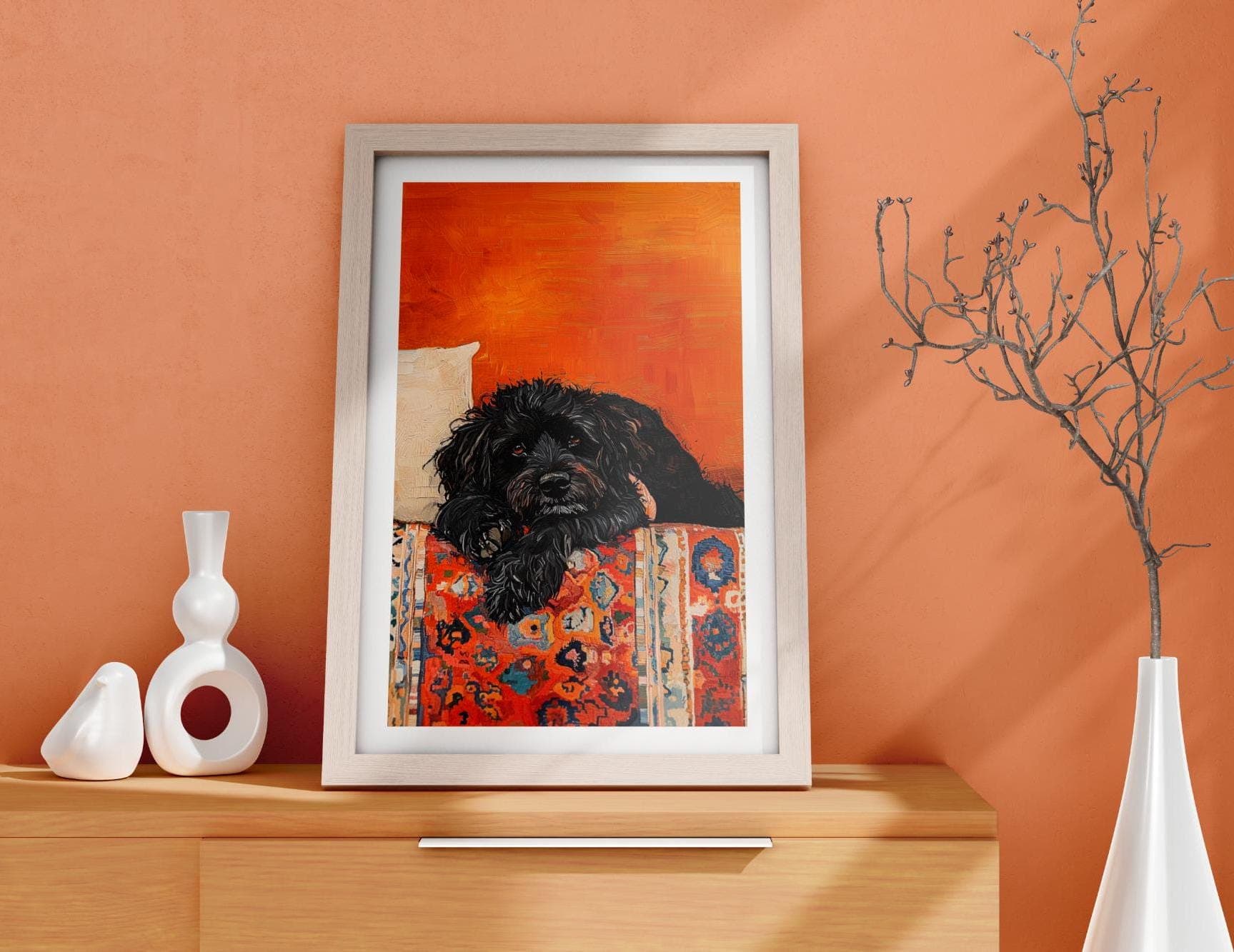 Black Dog Poster, Orange Painting Poster, Warm Orange Decor, Rustic Black Dog Painting, Maximalist Dog Art, Orange Wall Art, Orange Prints - view 4