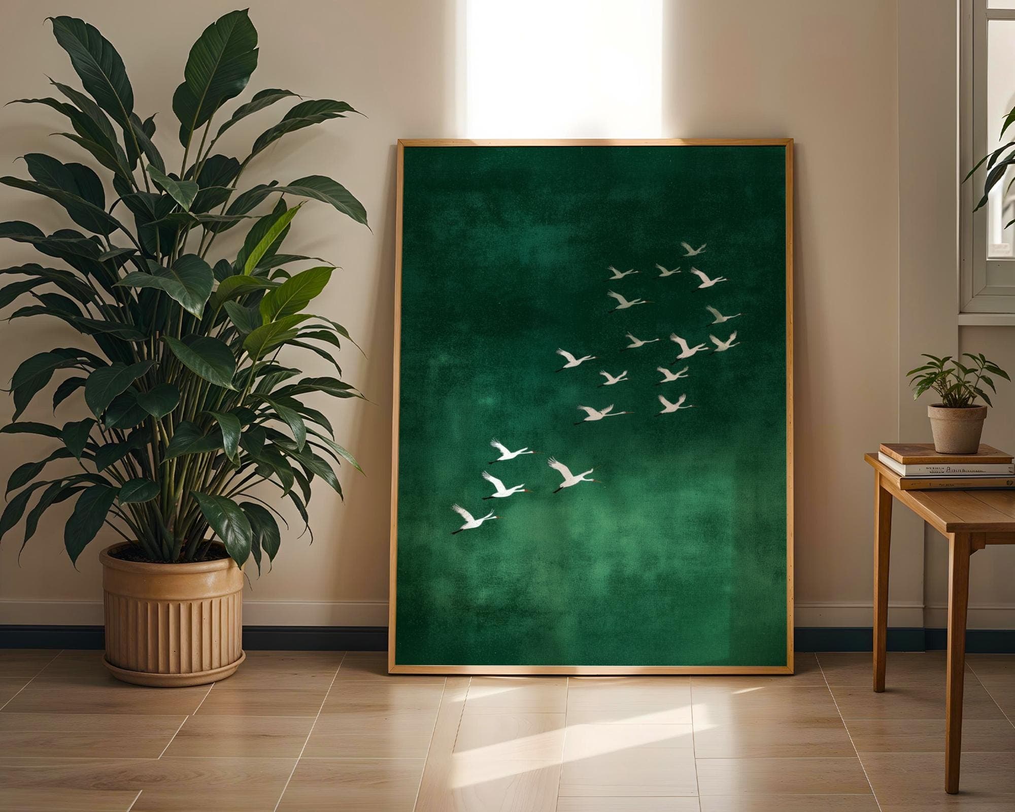 Minimalist White Crane Wall Art | Japandi Crane Print on Emareld Green Background, Minimalist Bird Wall Art, Tranquil Bird Print, Crane Art - view 4