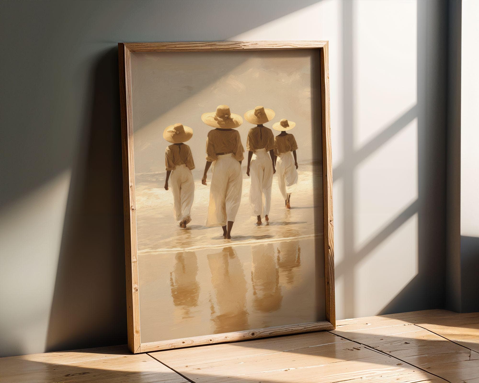 African American Wall Art, Feminine Wall Decor, Beach Wall Art Print, Coastal Women in Straw Hats, Neutral Seascape, Minimal Decor, Digital - view 4