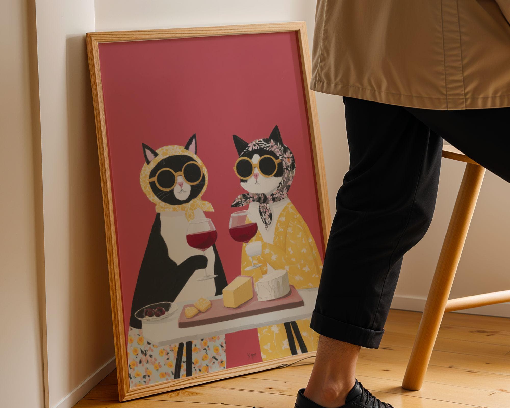 Funny Cat Couple Wine Wall Art, Quirky Cats Kitchen Decor, Pop Art Cat Couple Print - view 7