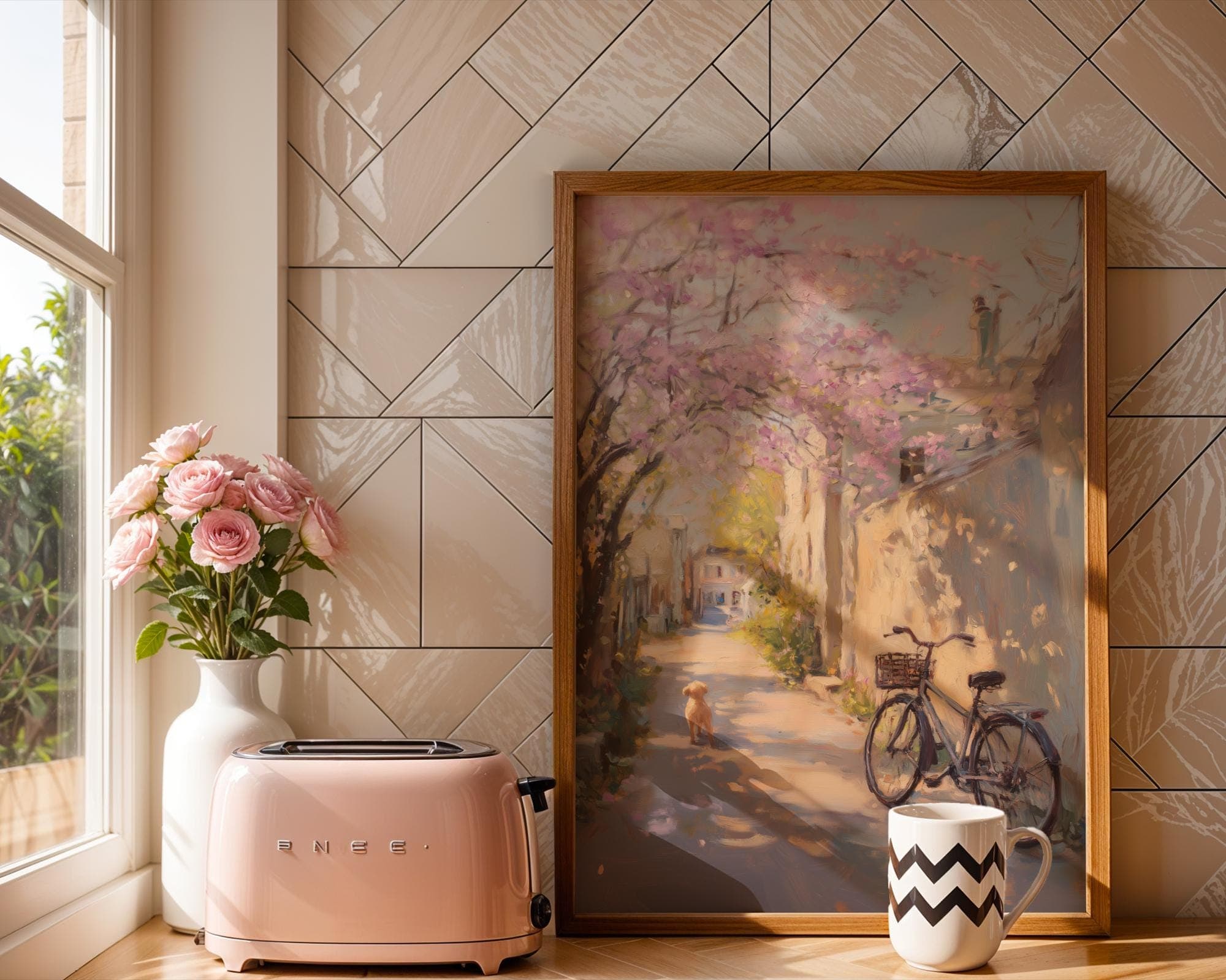 Cherry Blossom Street Print, Dog and Vintage Bike Poster, Pastel Blossom Street Print, Cottagecore Blossom Decor, Floral Alley Wall Print - view 7
