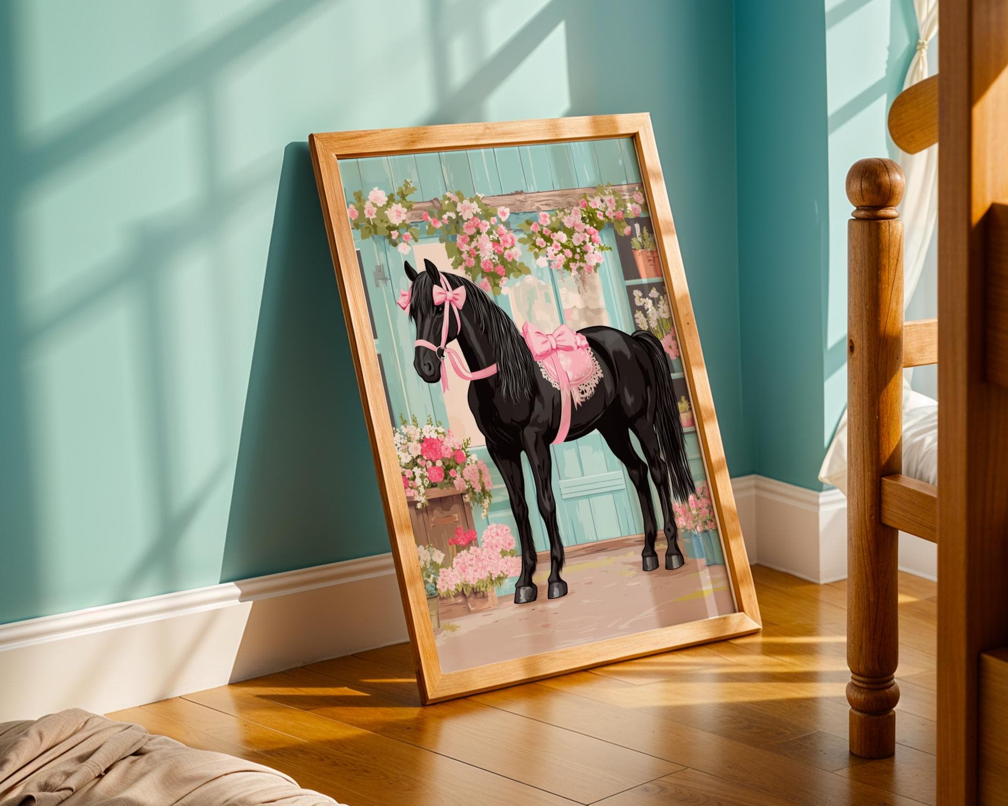 Black Horse with Pink Ribbons, Floral Stallion Art (Digital Download) - view 2