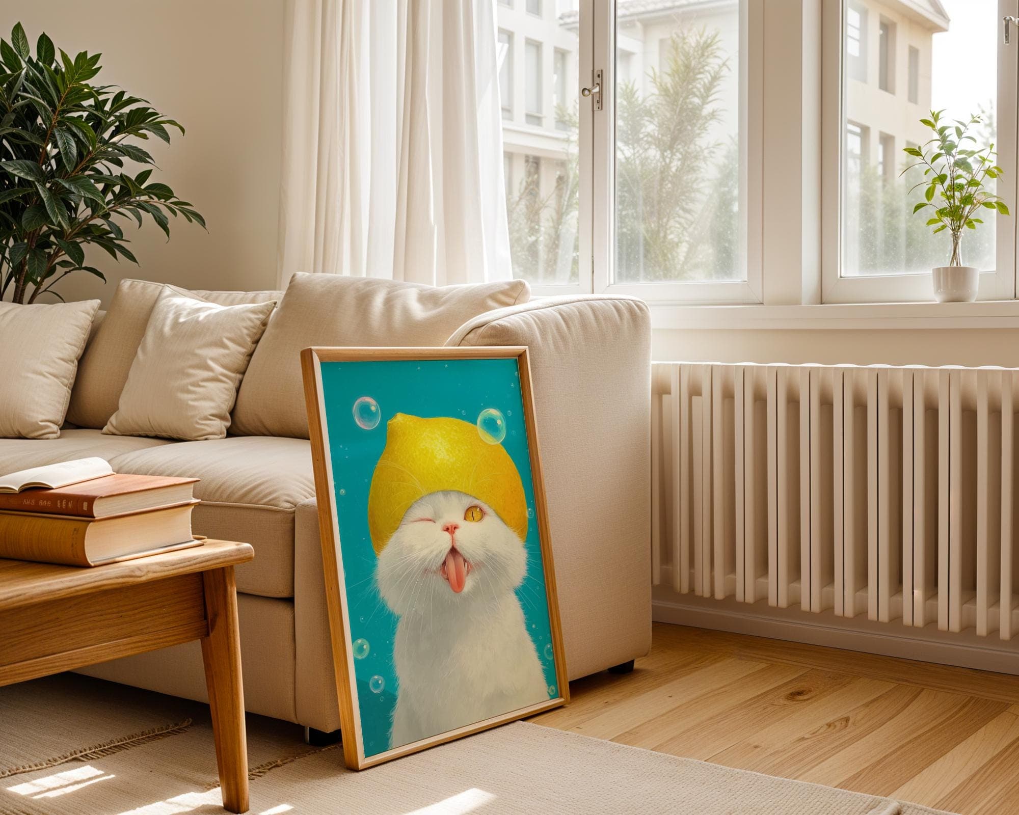 Funny Lemon Hat White Cat Art Print, Whimsical Animal Wall Art, Cute Playful Kitten Wall Art, Art Digital Download, Kawaii Cute Animal Art - view 5