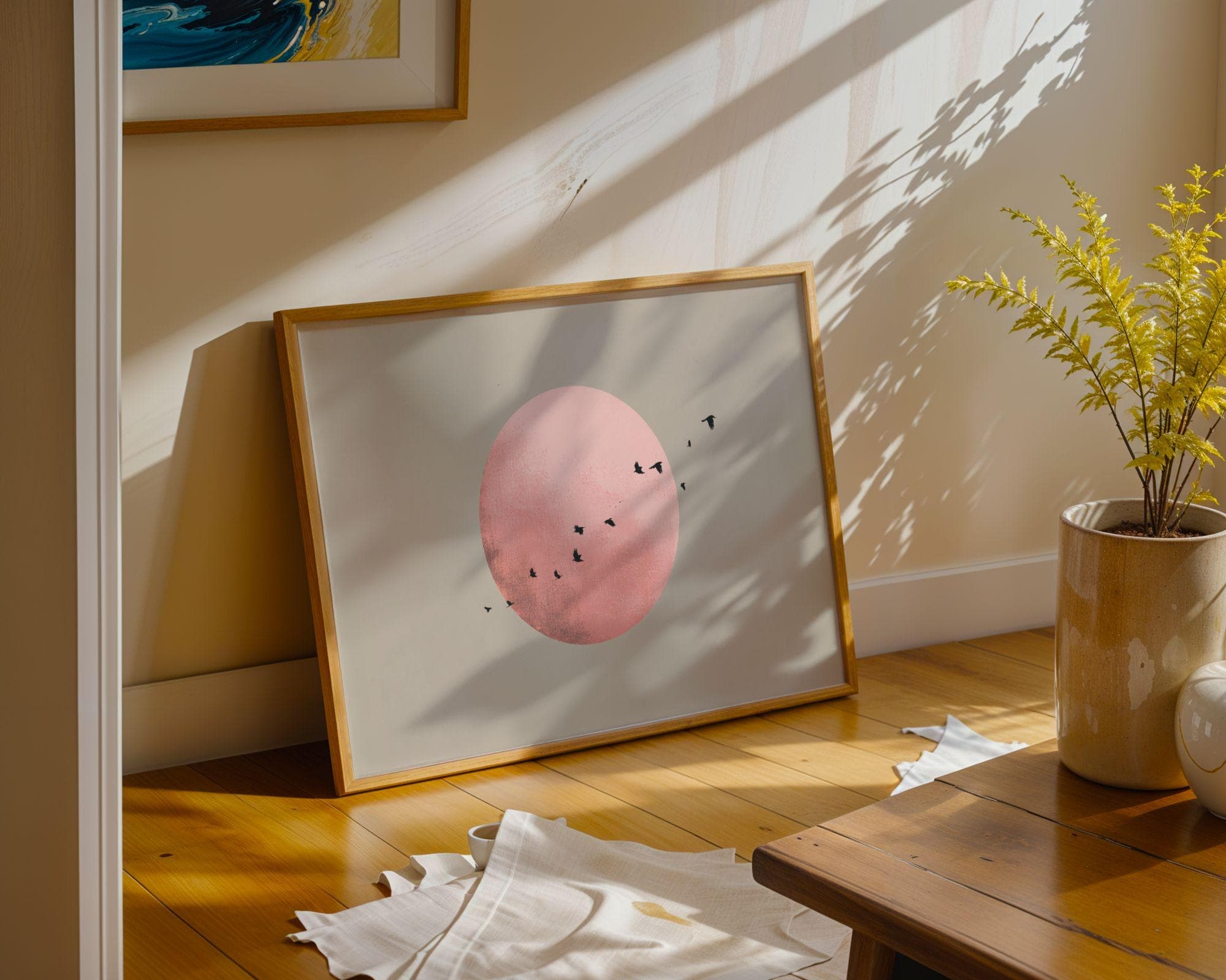 Flying Birds Across Pink Sun Poster, Japandi Wall Art Print, Flying Birds Art, Minimalist Landscape Art, Pink Moon Decor, Scandinavian Print - view 3