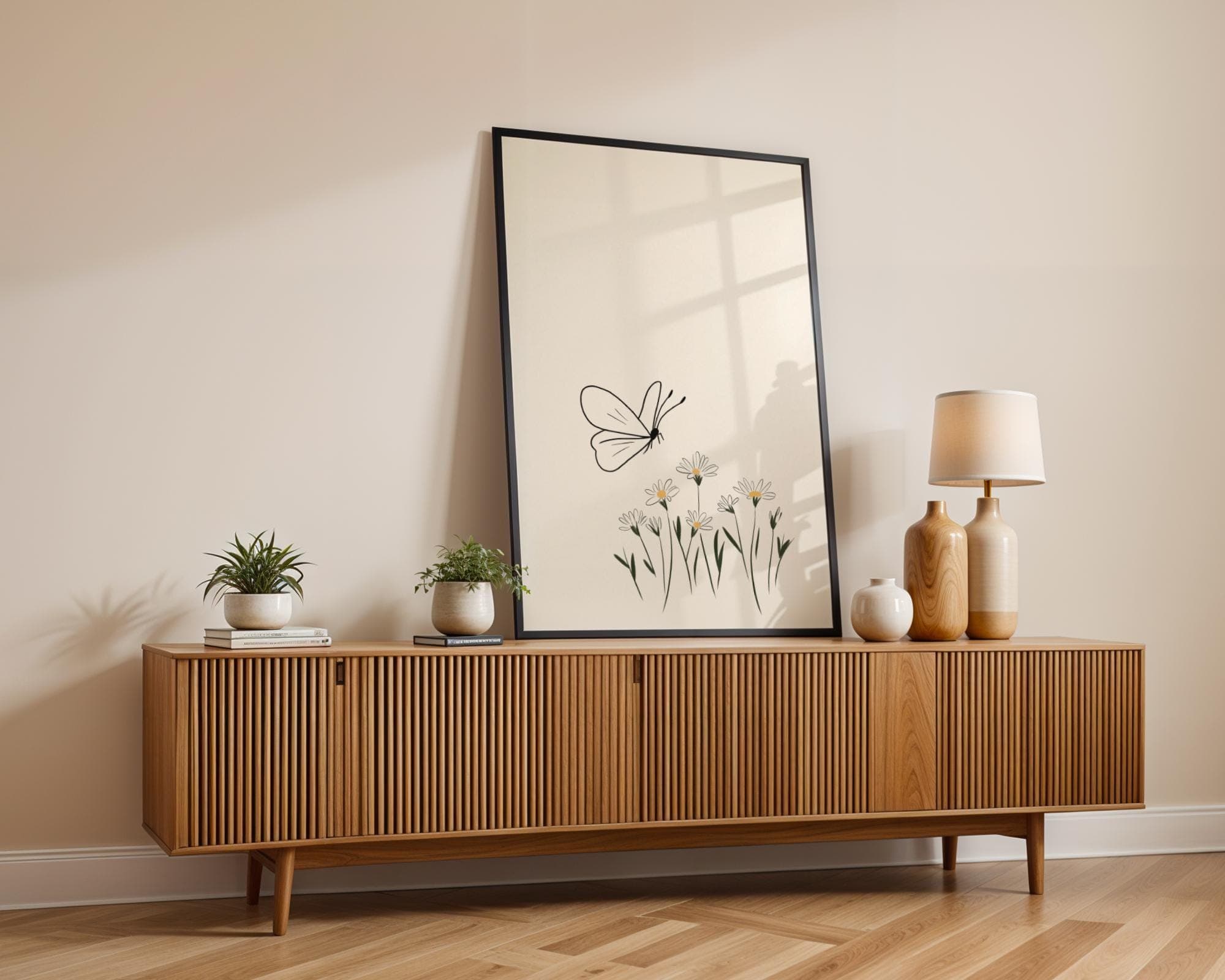 Minimalist Butterfly Wall Art, Scandinavian Nature Print, Soft Beige Wall Art, Line Drawing Butterfly Print, Beige Floral Wall Art - view 5
