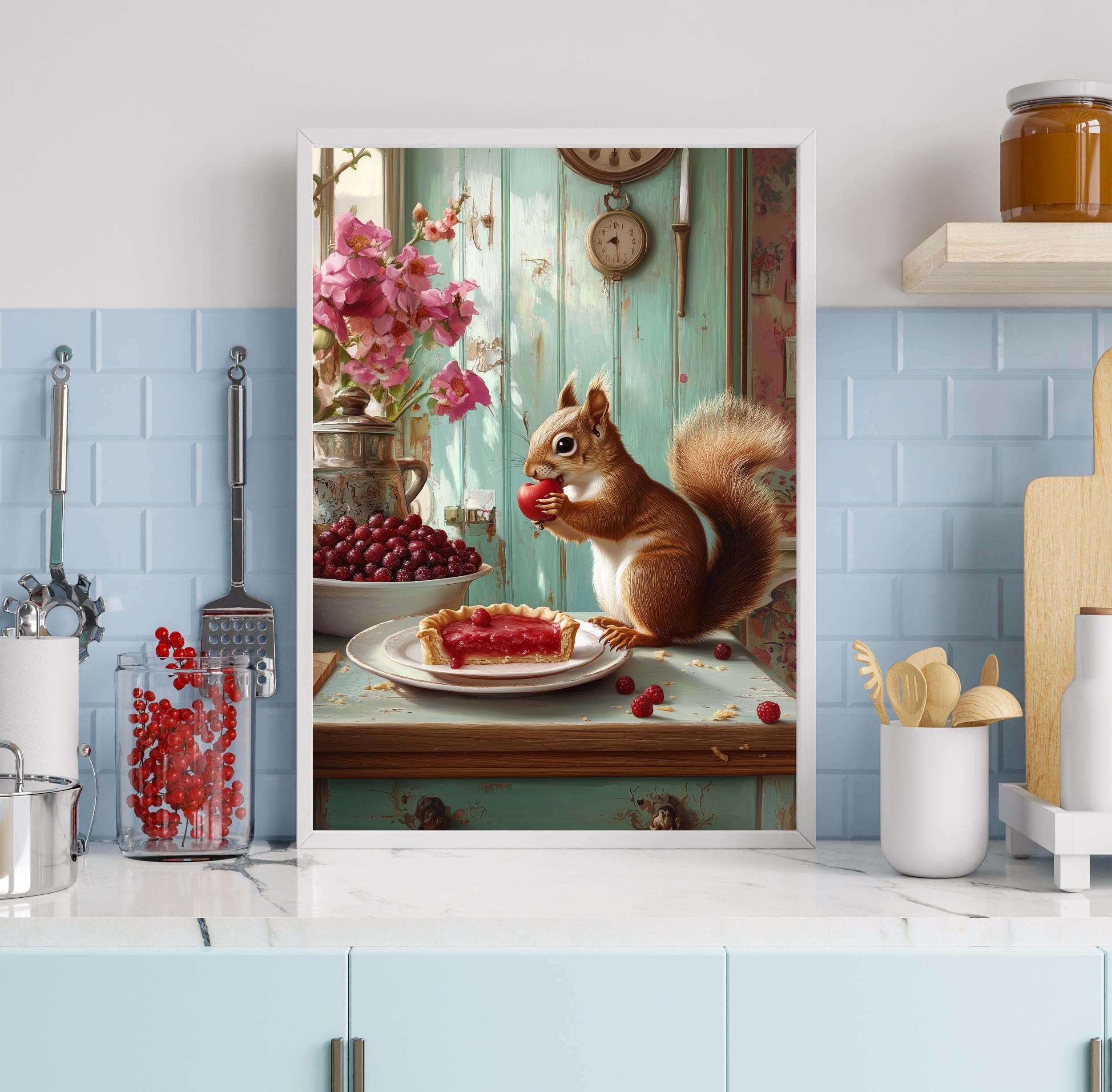Whimsical squirrel with raspberry tart poster | Vintage kitchen art | Cute woodland animal painting, Rustic kitchen wall art, Kitchen Decor - view 4