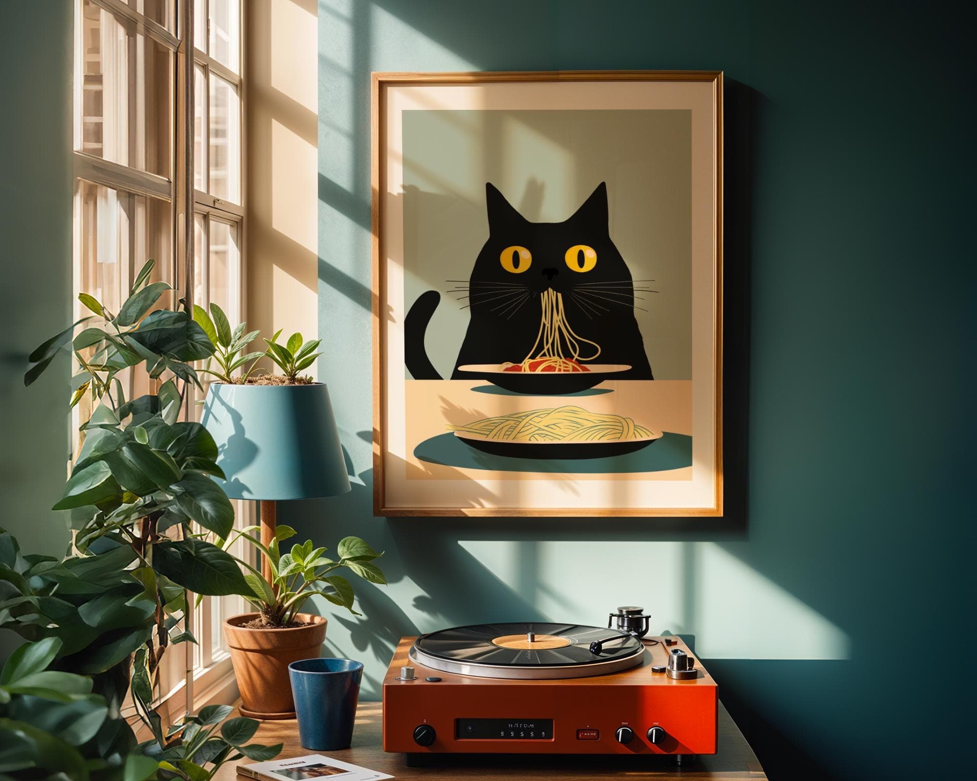 Black Cat Spaghetti Art Print, Whimsical Cat Kitchen Decor, Black Cat Pasta Print, Cat Kitchen Print, Digital Download, Digital Animal Art - view 6