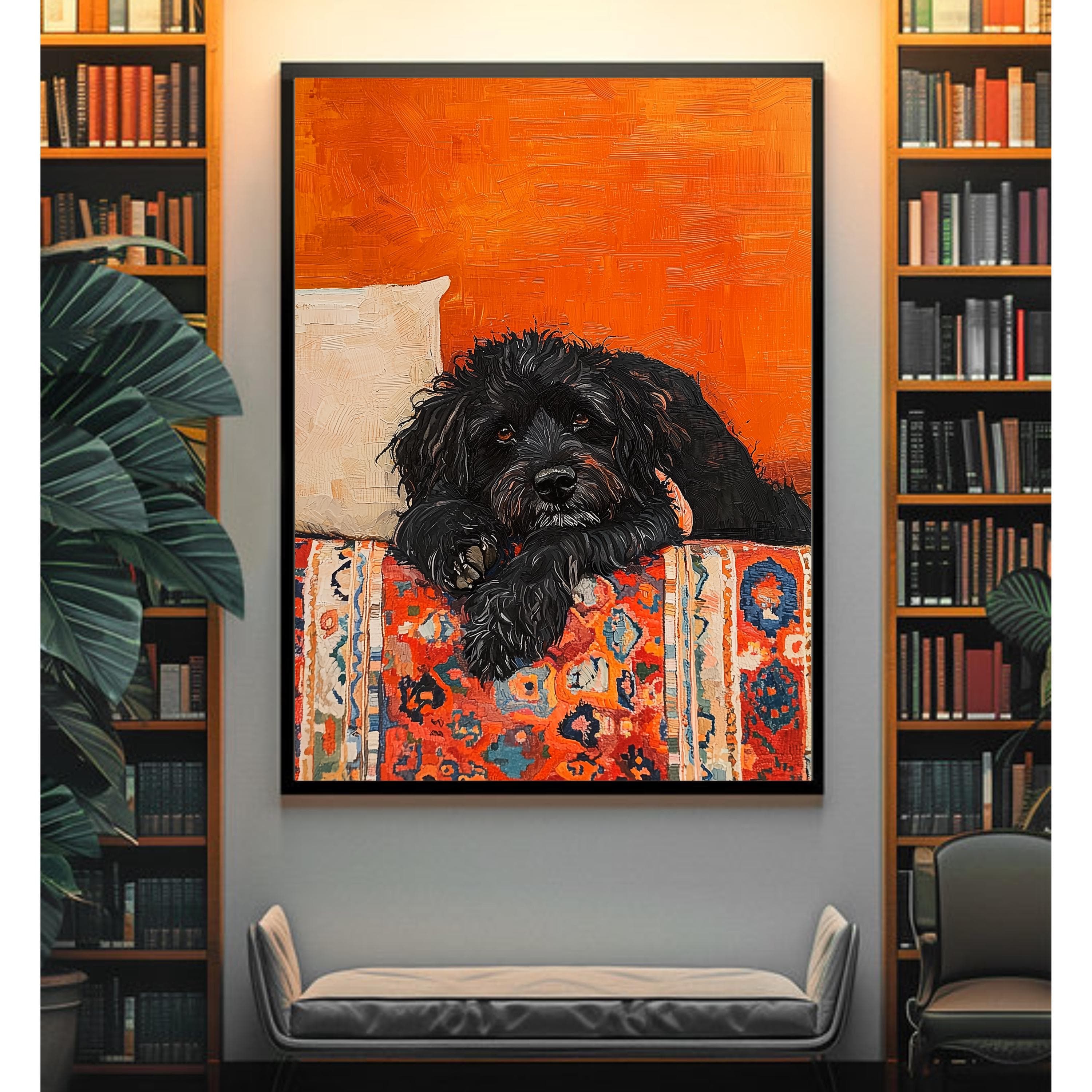Black Dog Poster, Orange Painting Poster, Warm Orange Decor, Rustic Black Dog Painting, Maximalist Dog Art, Orange Wall Art, Orange Prints - view 3