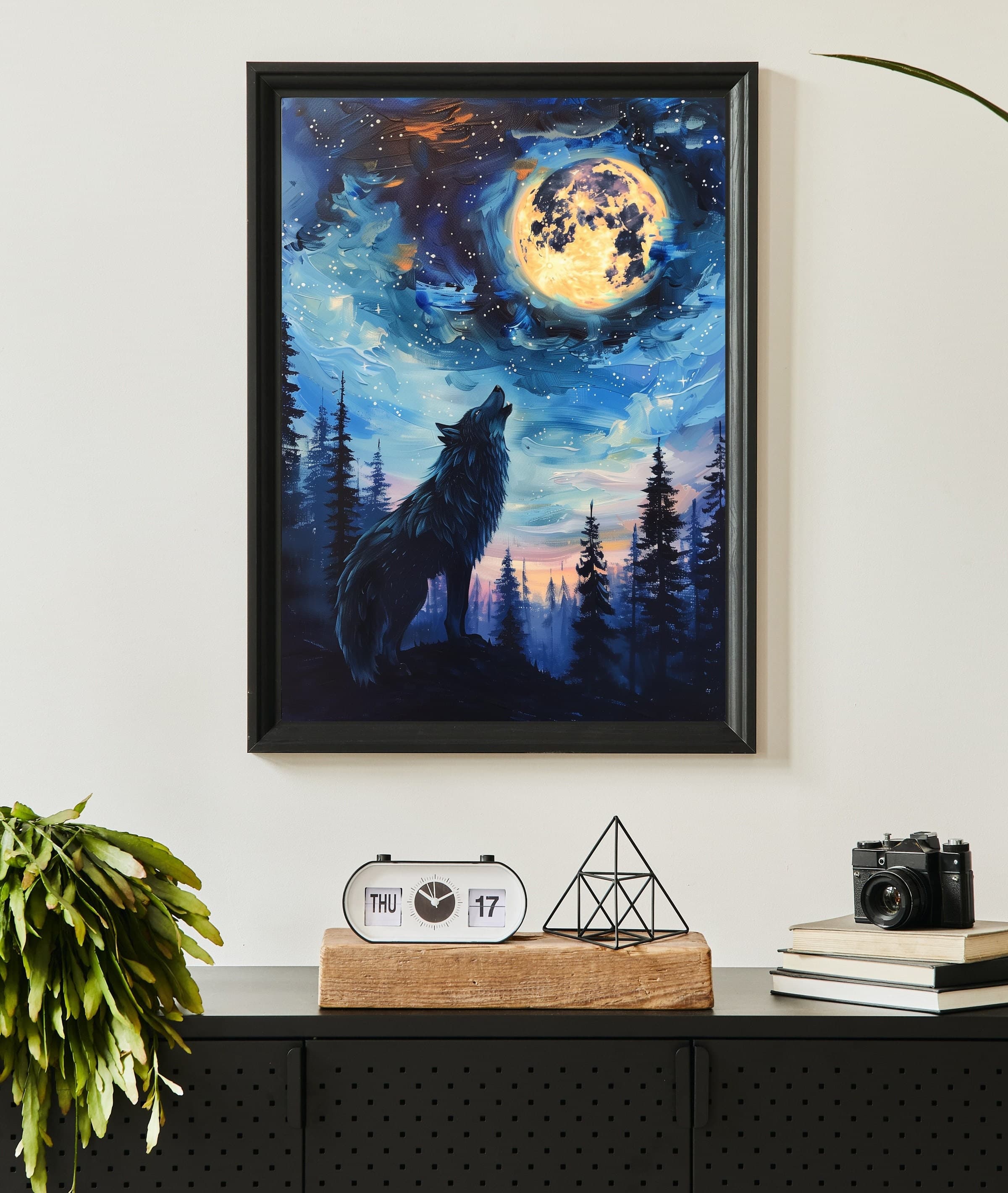 Black Wolf Full Moon Wall Art, Oil Painting, Black Wolf Landscape Poster, Moonlit Night Wolf Howling Abstract Art, Full Moon Wolf Print - view 7