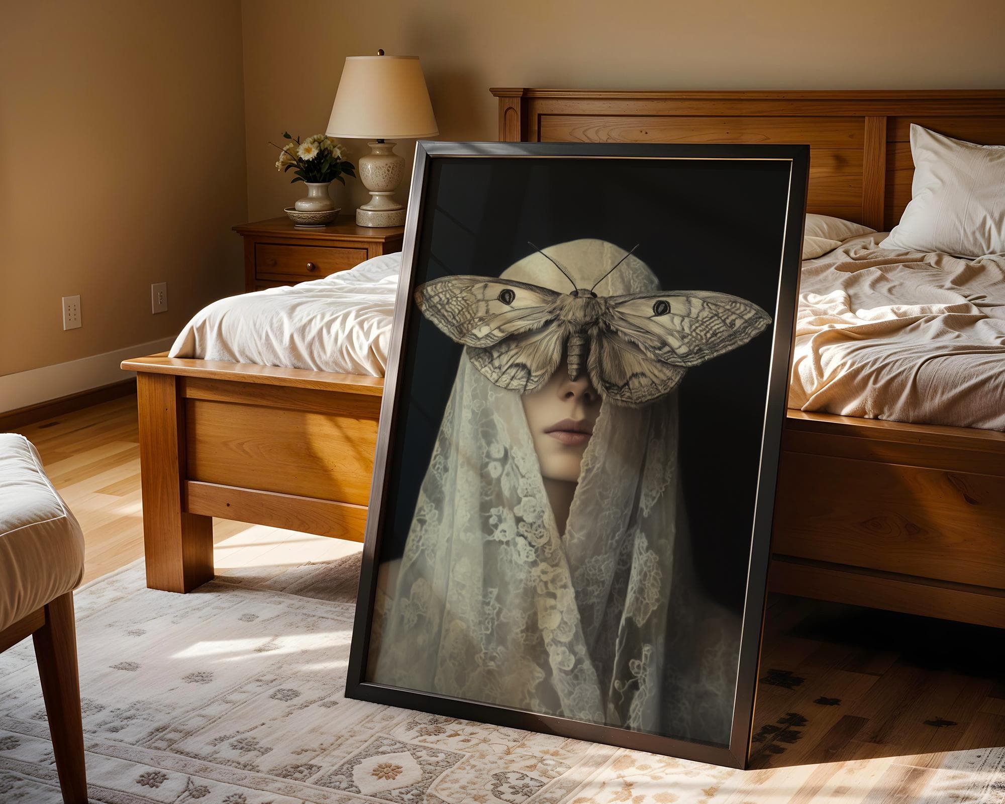 Veiled Woman Moth Art, Gothic Art Witchy Aesthetic, Dark Academia, Occult Poster Gothic Decor, Moody Wall Art, Halloween Art, Dark Romance - view 3