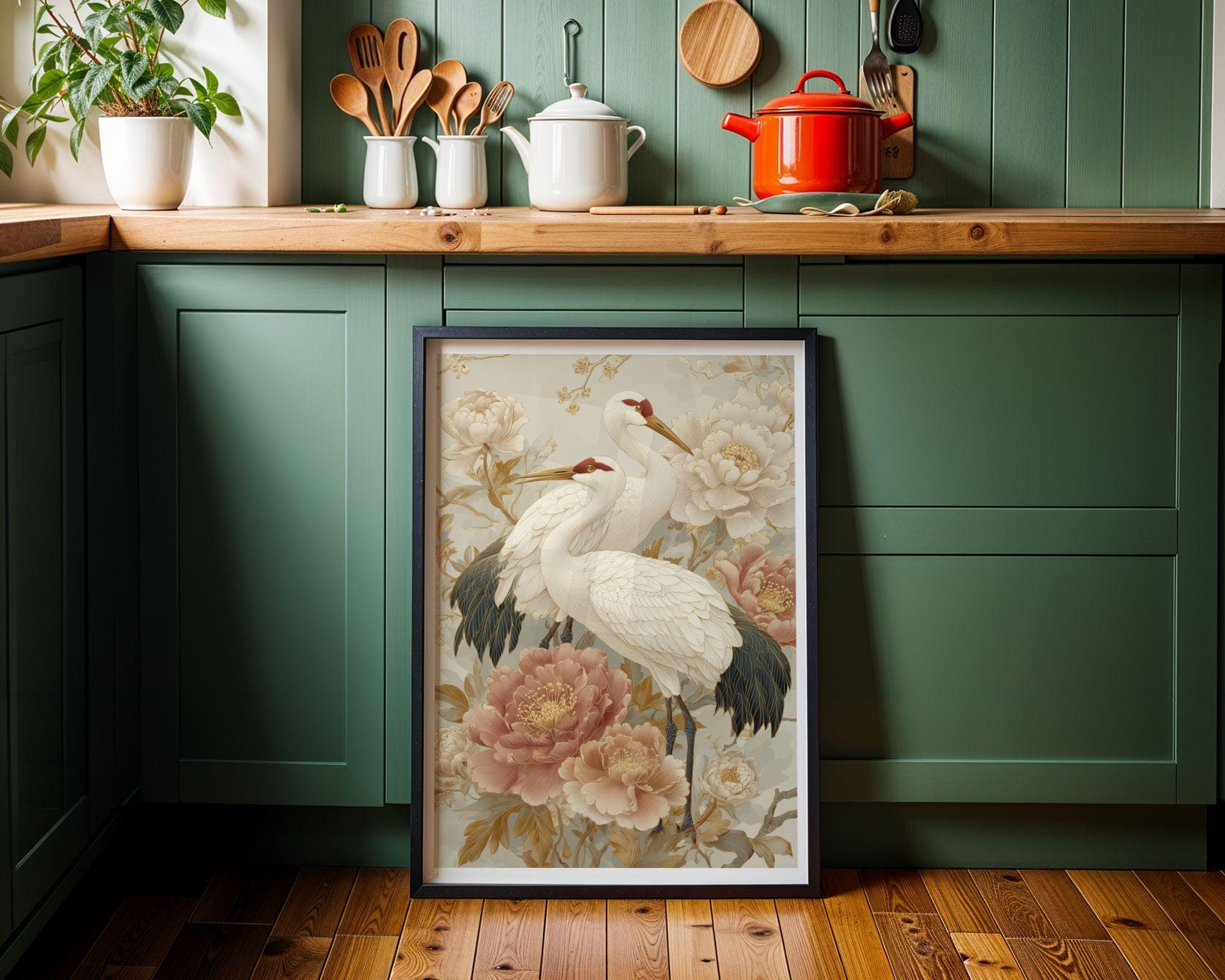 Japanese Crane Wall Art Print, Vintage Asian Bird Painting, Chinoiserie Floral Decor, Elegant Oriental Art, Crane Wall Art Vintage Floral - view 7