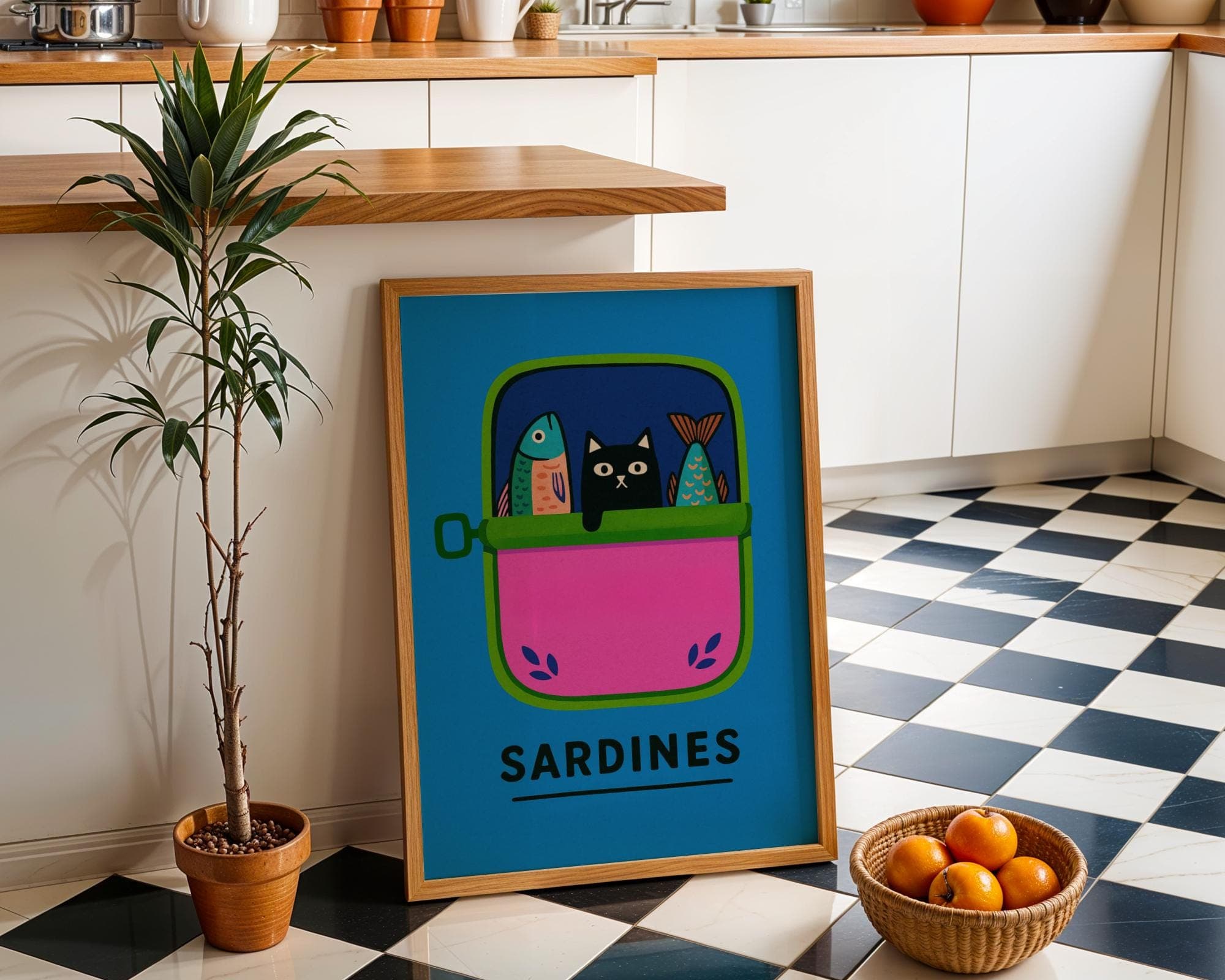 Funny Black Cat Wall Art, Black Cat in Sardine Tin with Colorful Fish, Funny Kitchen Wall Art, Sardine Tin Wall Art, Retro Pop Art Print - view 2