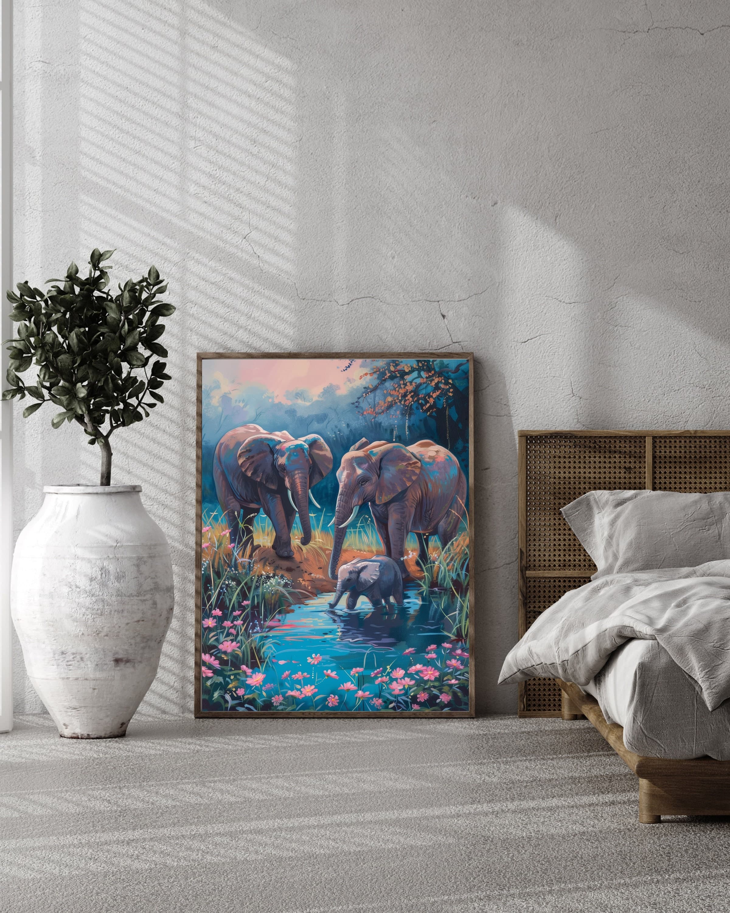 Elephant Family Poster, Oil Painting, Colorful Elephants in Nature Poster, Elephant Family in Nature Oil Painting, Elephants Oil Painting - view 3