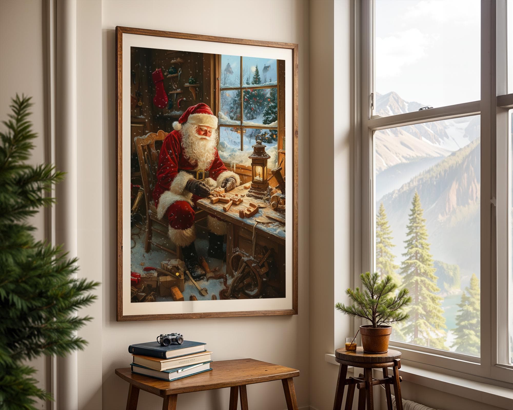 Santa Claus Crafting Wooden Toys - Rustic Christmas Wall Art Print, Digital Santa Claus Download, Vintage Christmas Home Decor, Santa Prints - view 3