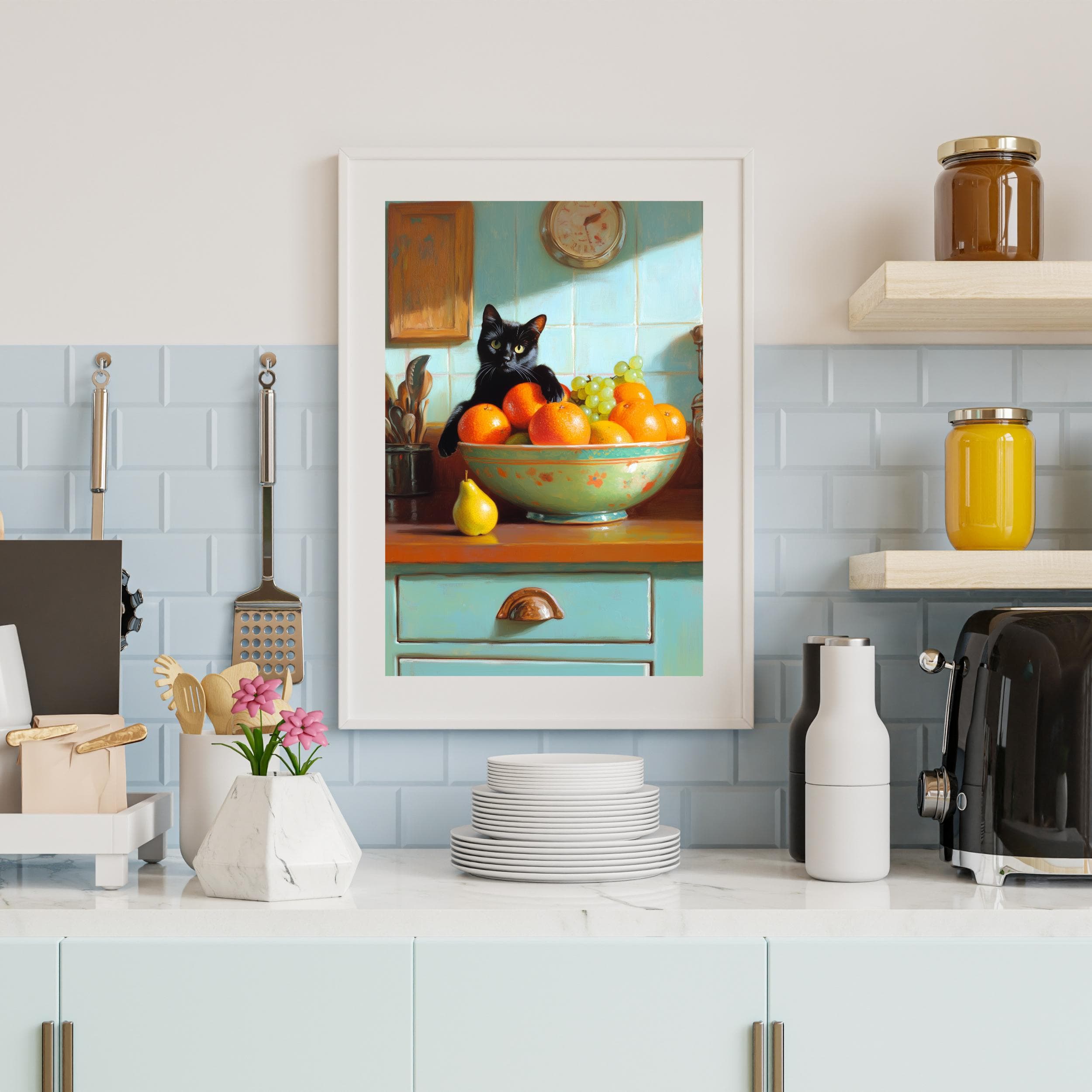 Black cat with fruit bowl painting, Playful kitchen wall art, Orange and grape still life painting, Colorful kitchen wall decor, Kitchen Art - view 5