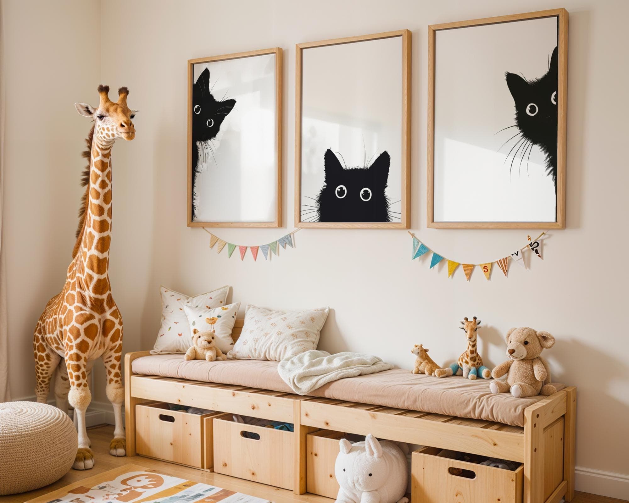 Set of 3 Peeking Black Cat Print Wall Art Poster, Black and White Cat Wall Art, Quirky Cat Decor, Black Cat Art, Set of 3, Quiry Cat Print - view 4