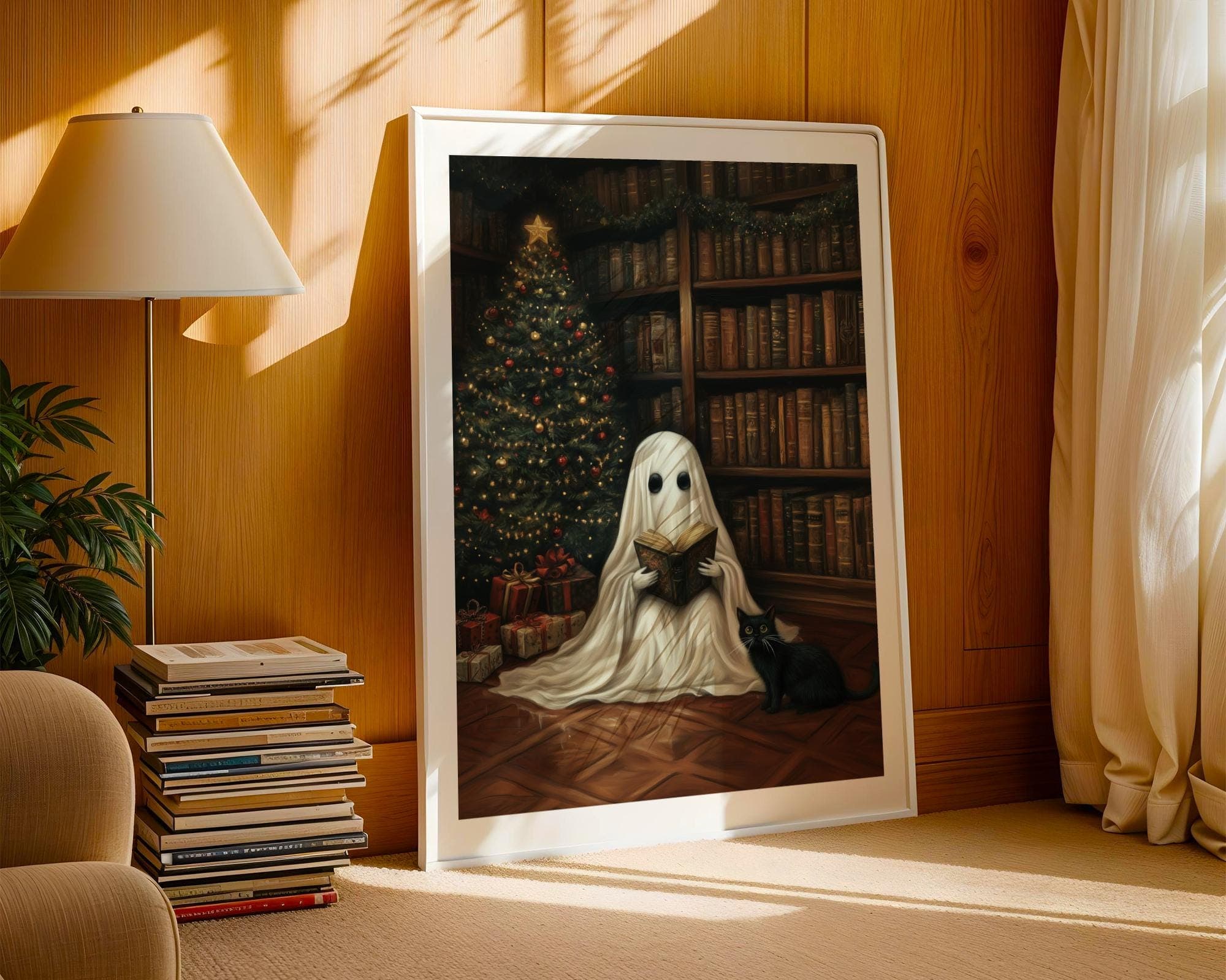 Ghost and Black Cat Wall Art, Spooky Christmas Decor, Whimsical Holiday Wall Art, Halloween and Christmas Art, Digital Download, Ghost Art - view 4