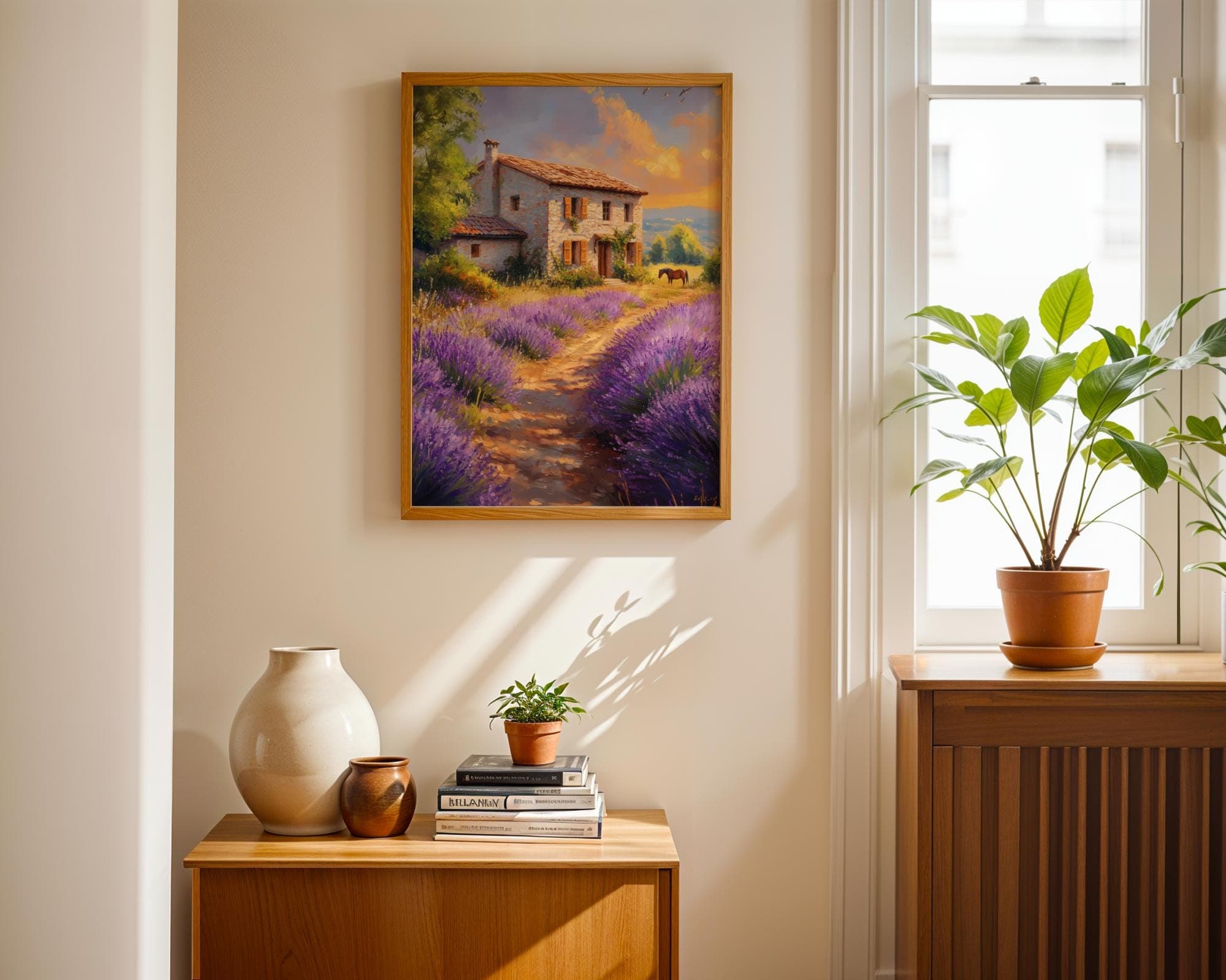 Lavender Farmhouse Wall Art, Rustic Provence Cottage Wall Decor, Stone Cottage Wall Art, Horse and Lavender Meadow Painting, Country Decor - view 3