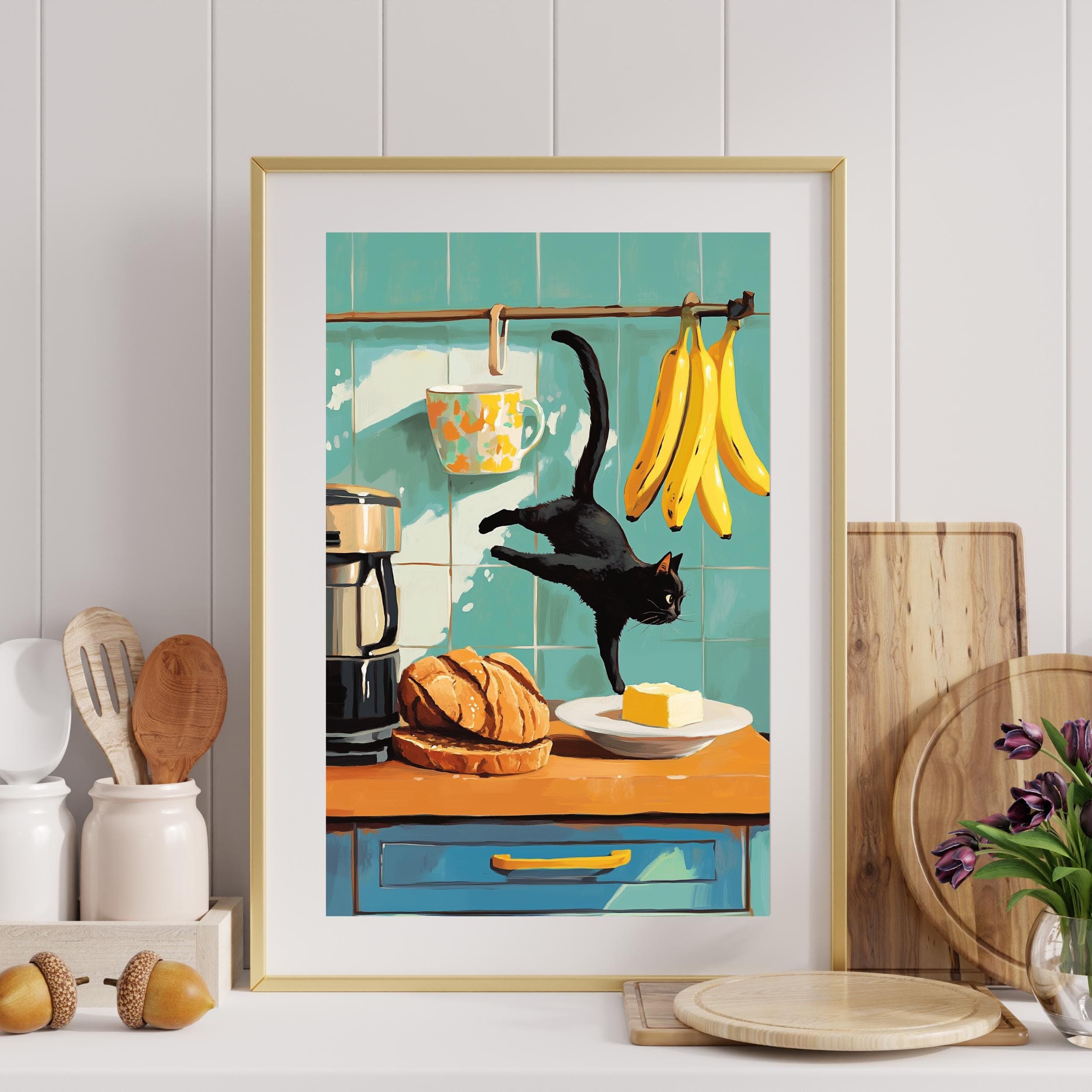 Colorful Kitchen Wall Print, Whimsical Cat Art Print, Colorful Kitchen Decor, Vintage Black Cat Kitchen Decor, Retro Kitchen Wall Art - view 4