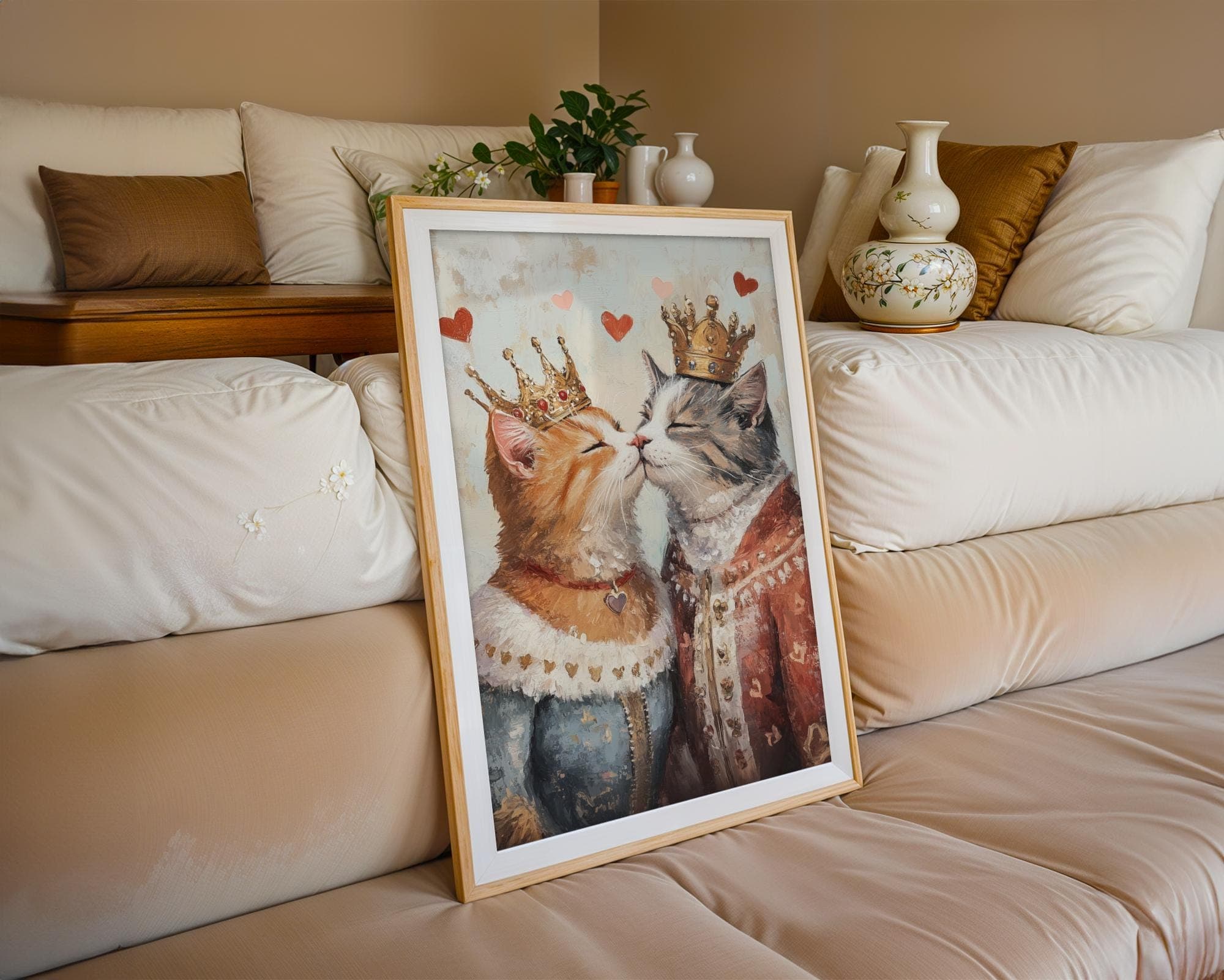 Royal Cat Couple Wall Art, Cat Couple Painting, Quirky Cat Poster, Regal Cats Painting, Whimsical Couple Decor, Fantasy Art, Cat Print - view 2
