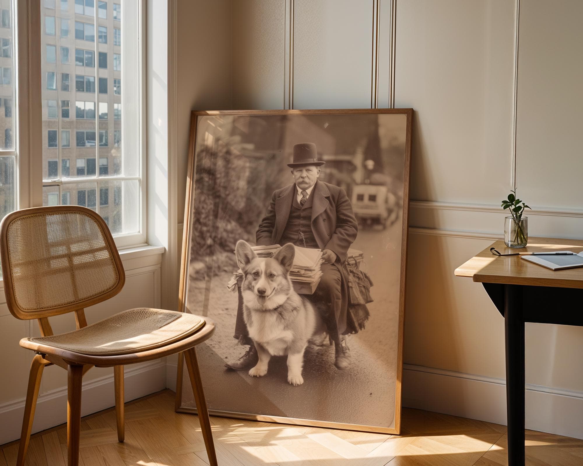 Vintage Man on Corgi Wall Art – Funny Sepia Dog Print, Funny Victorian Style Corgi Poster, Retro Animal Art, Quirky Dog Wall Print, Sepia - view 3