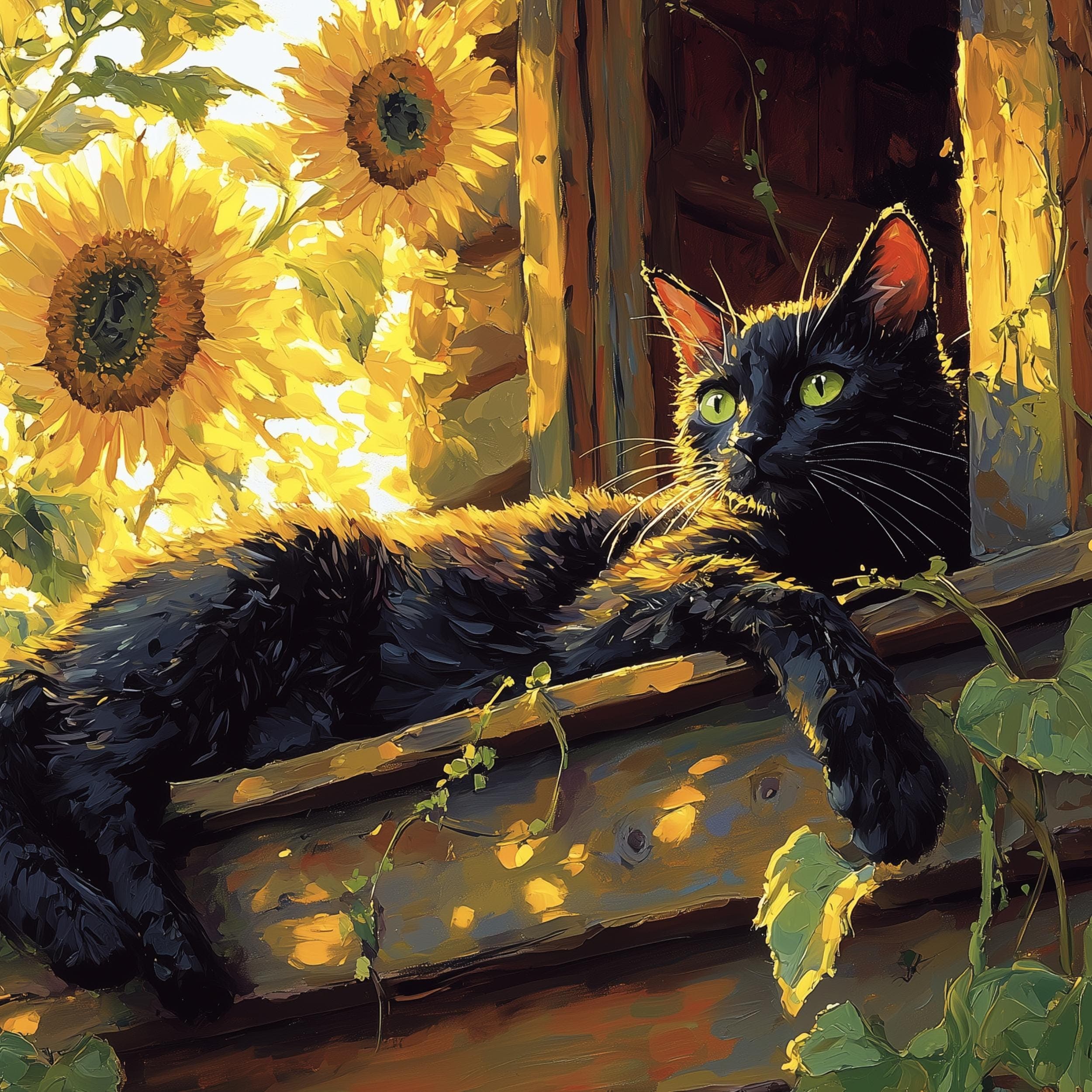 Black Cat and Sunflowers Wall Art, Rustic Wall Decor, Warm Nature Print, Whimsical Black Cat with Sunflowers, Calming Black Cat Poster - view 3