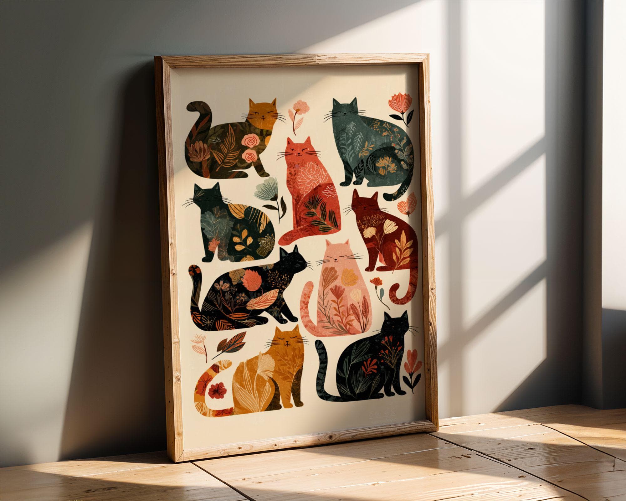Floral Cat Art Print, Boho Floral Cat Art, Bohemian Cat Wall Print, Whimsical Cat Art Print, Abstract Cat Wall Art, Modern Pop Art Cats Art - view 3