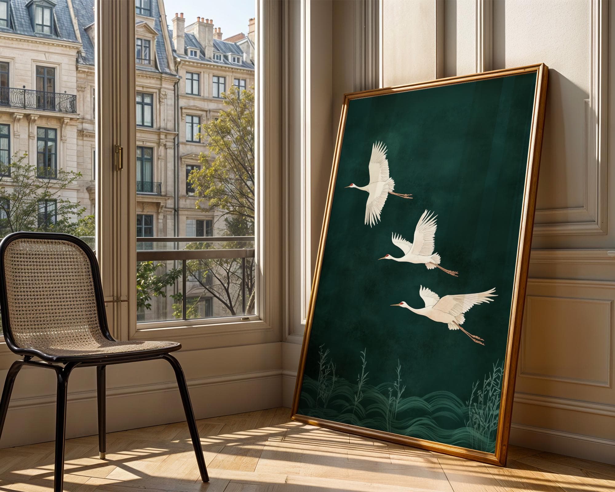 Japanese Cranes in Flight on Emerald Green, Japandi Digital Download, Emerald Art, Japandi Decor, Boho Bird Art, Wabi Sabi Wall Art - view 2