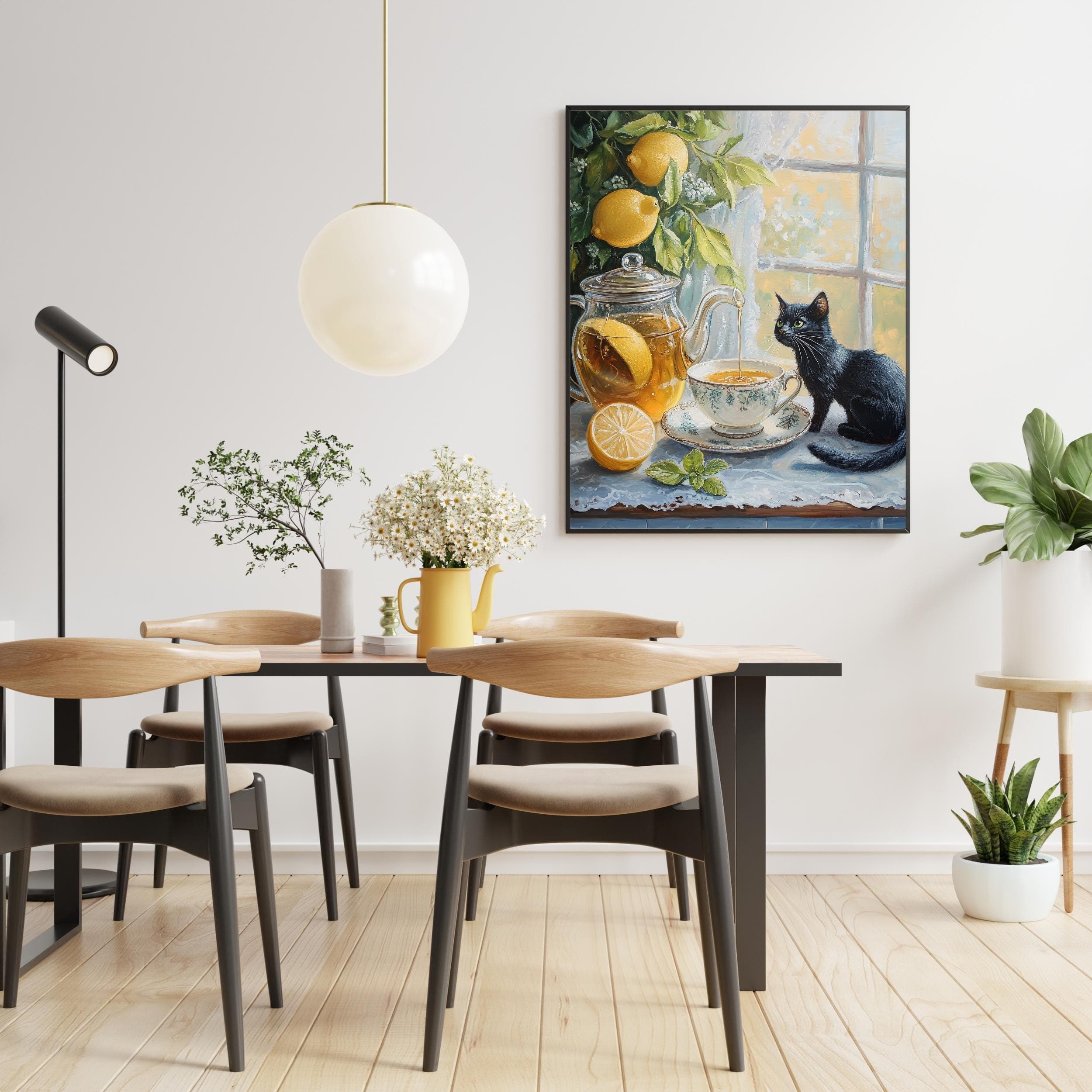 Black cat and lemon still life painting, Whimsical still life painting, Cozy kitchen art, Kitchen wall print, Vintage teacup painting - view 5