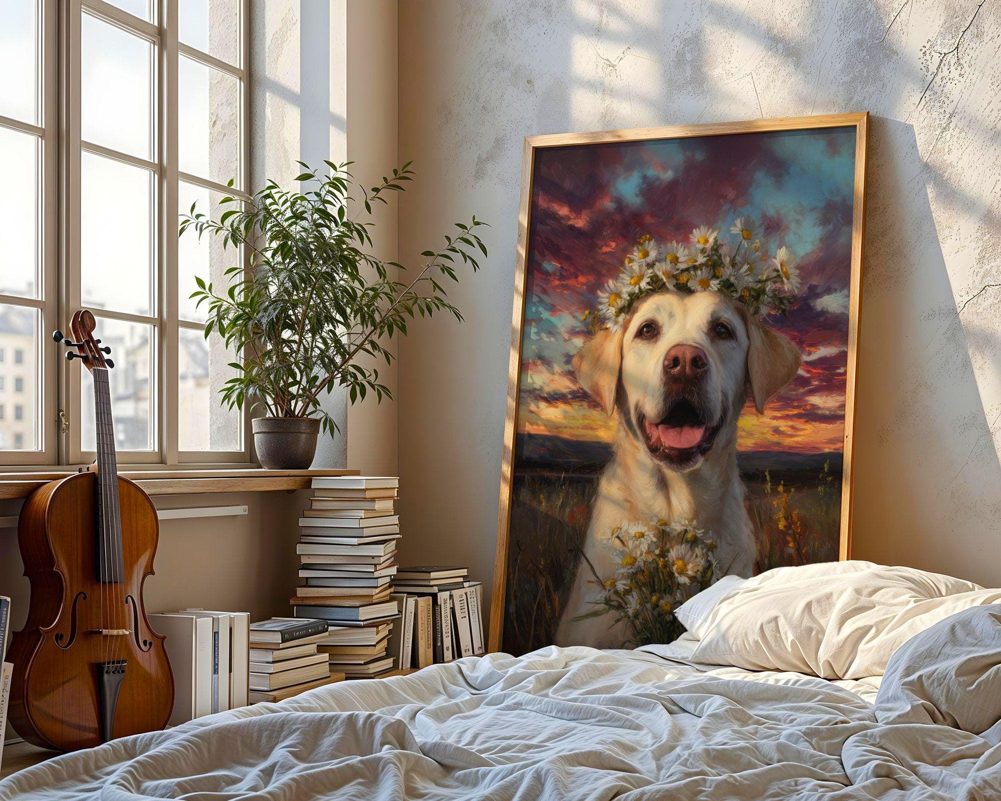 Labrador Wall Art Daisy Crown Dog Painting, Labrador Dog Wall Art Print, Floral Dog Painting, Yellow Lab Portrait, Sunset Field Art - view 2