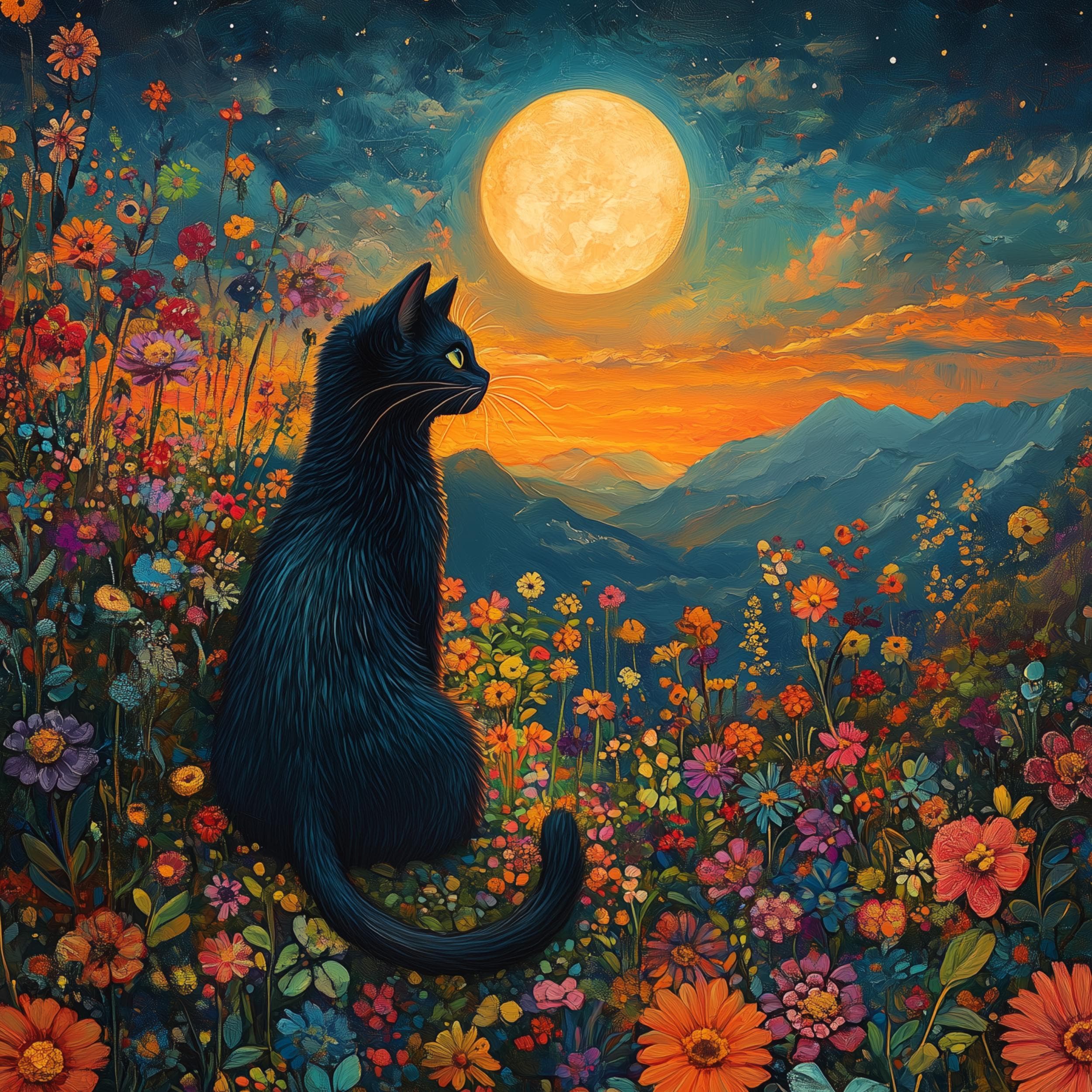 Floral Black Cat Wall Decor, Black Cat Moonlit Wall Art, Starry Night Cat Wall Art, Floral Moonlight Poster, Flower Cat and Moon Wall Decor - view 2