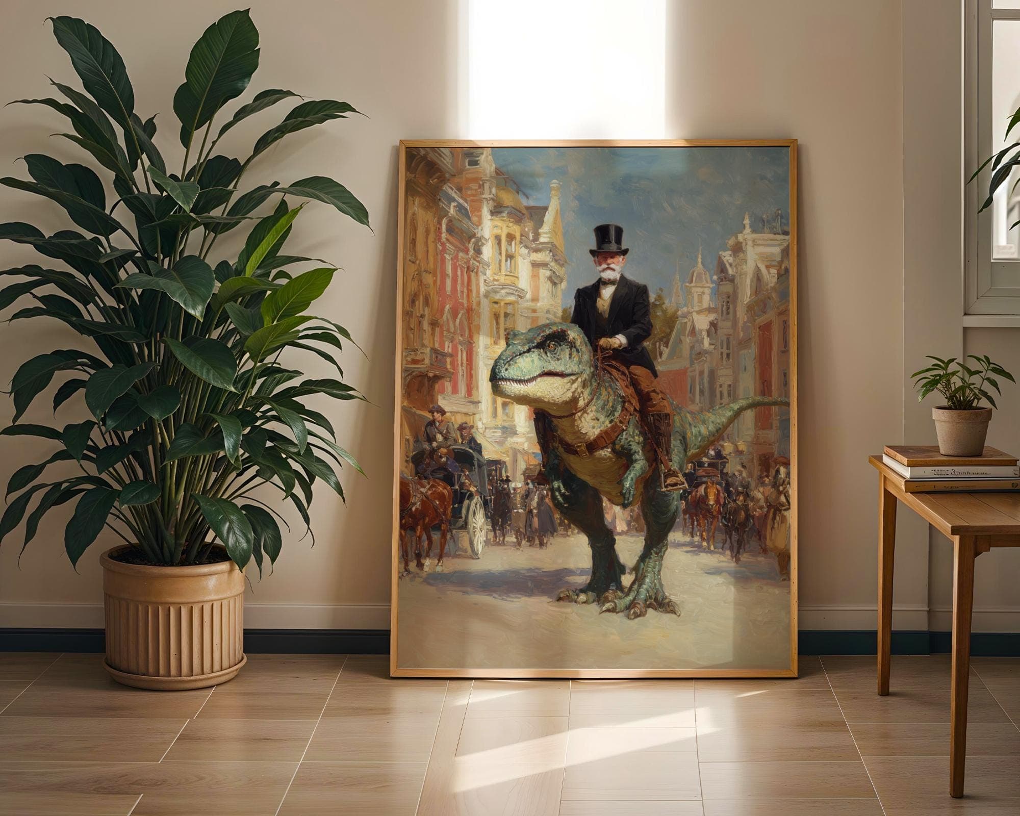 Victorian Gentleman Riding Dinosaur Wall Art, Historical Surrealism Home Decor, Funny Vintage Printable Art, Surrealist Digital Art - view 2