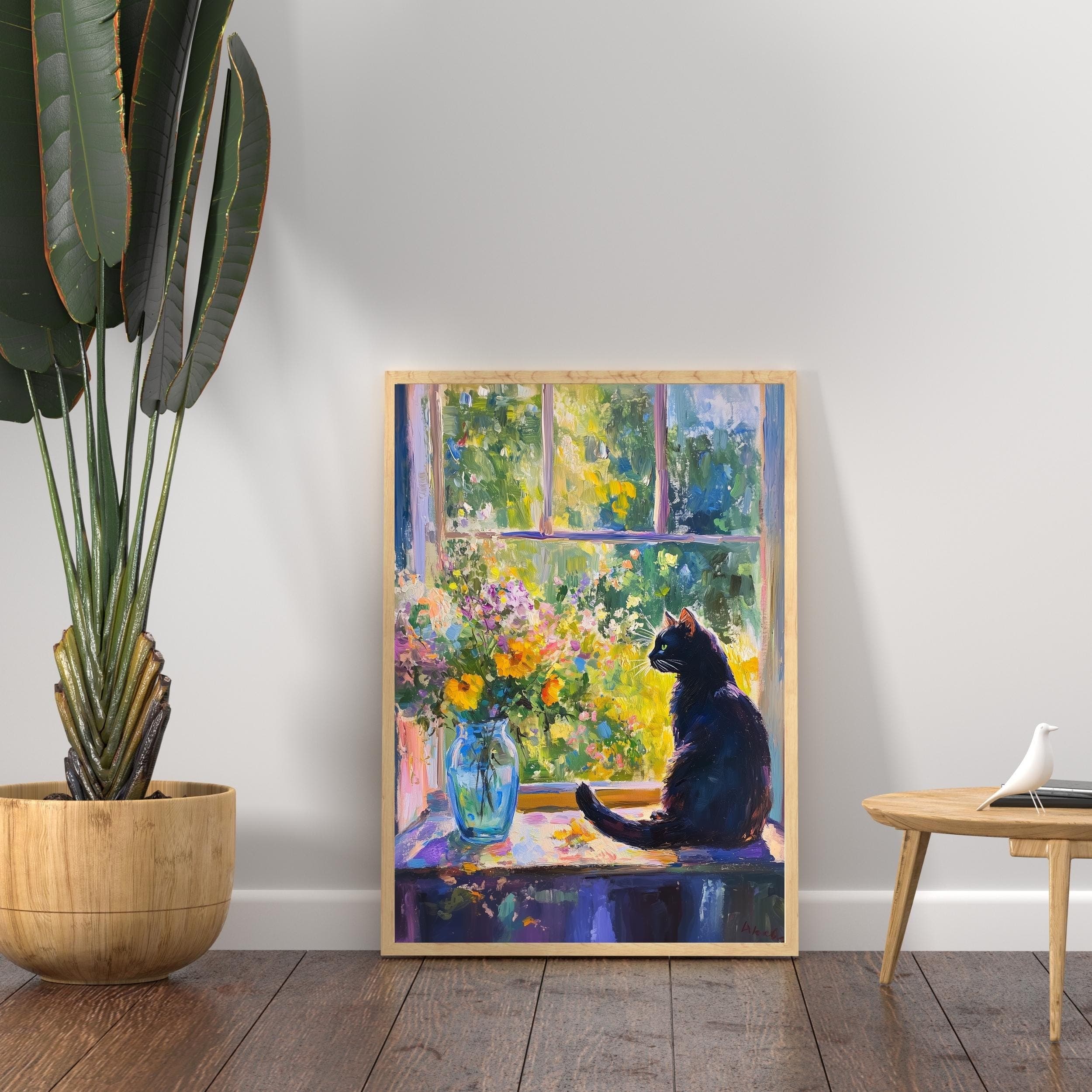 Whimsical Black Cat Art, Colorful Oil Painting, Cat Mom Gift, Digital Cat Art, Colorful Home Decor, Black Cat Oil Painting Poster - view 2