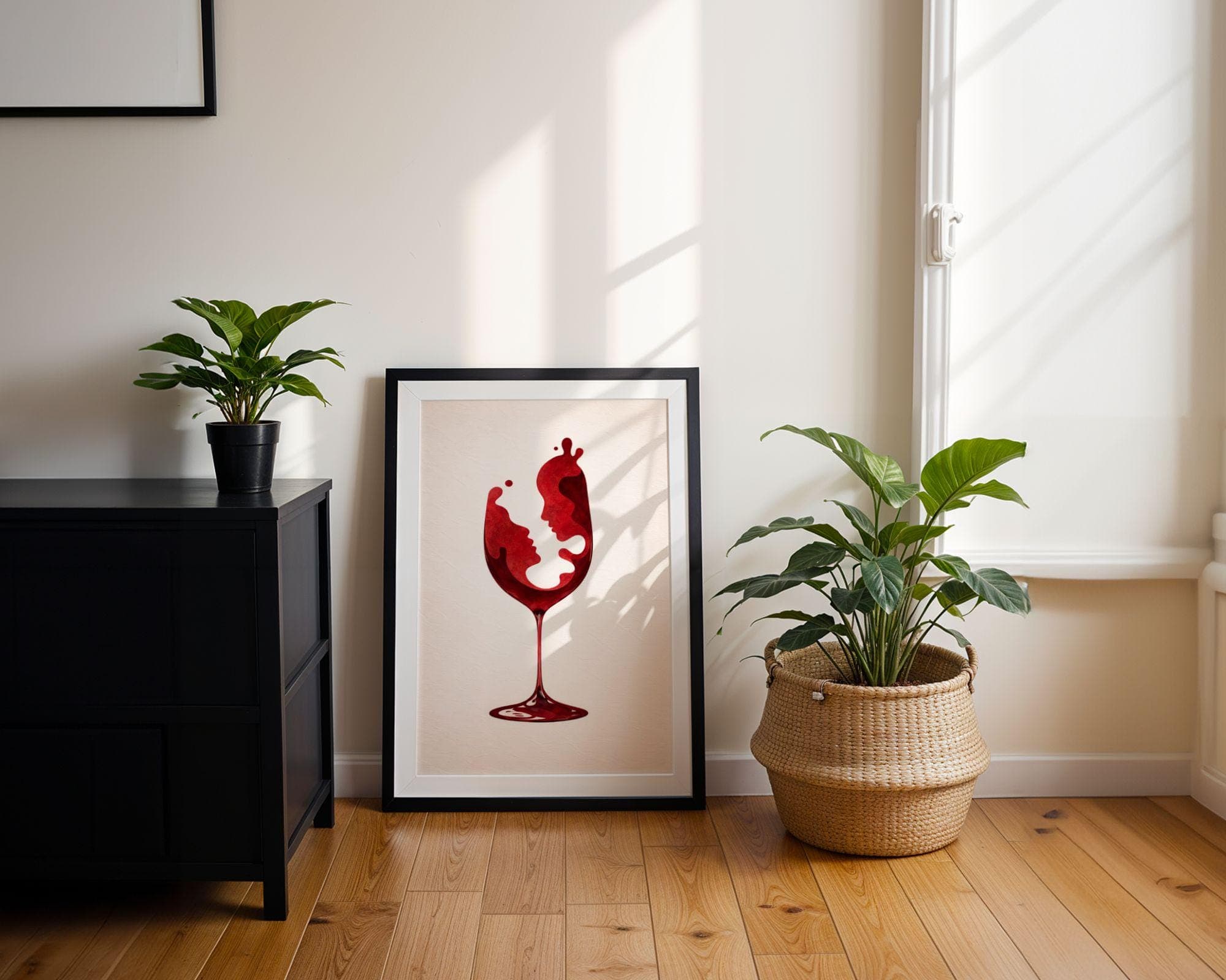Red Wine Glass Wall Art Print, Romantic Couple Face Abstract Poster, Modern Dining Room Bar Decor, Minimalist Love Art, Bar Cart Decor - view 5