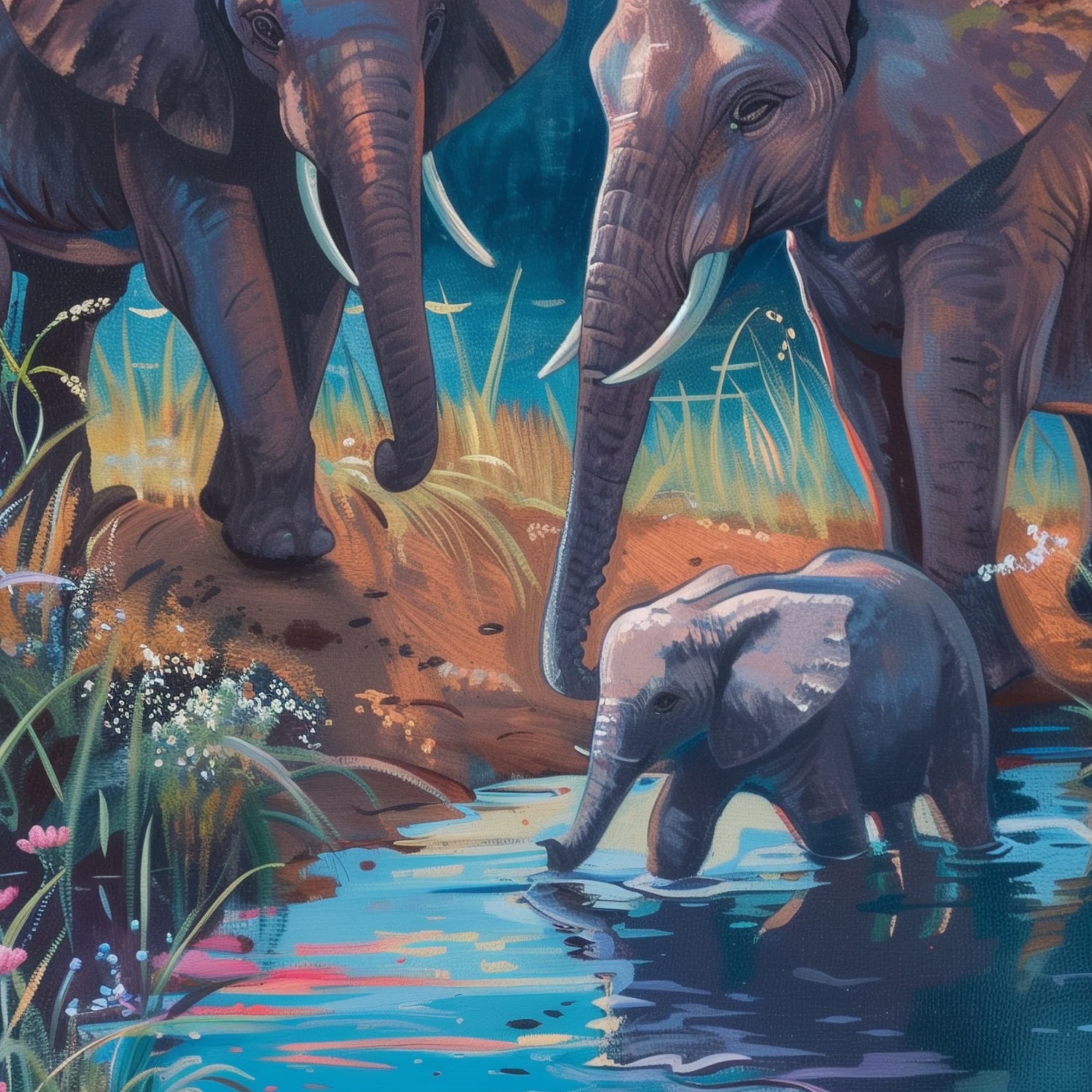 Elephant Family Poster, Oil Painting, Colorful Elephants in Nature Poster, Elephant Family in Nature Oil Painting, Elephants Oil Painting - view 2