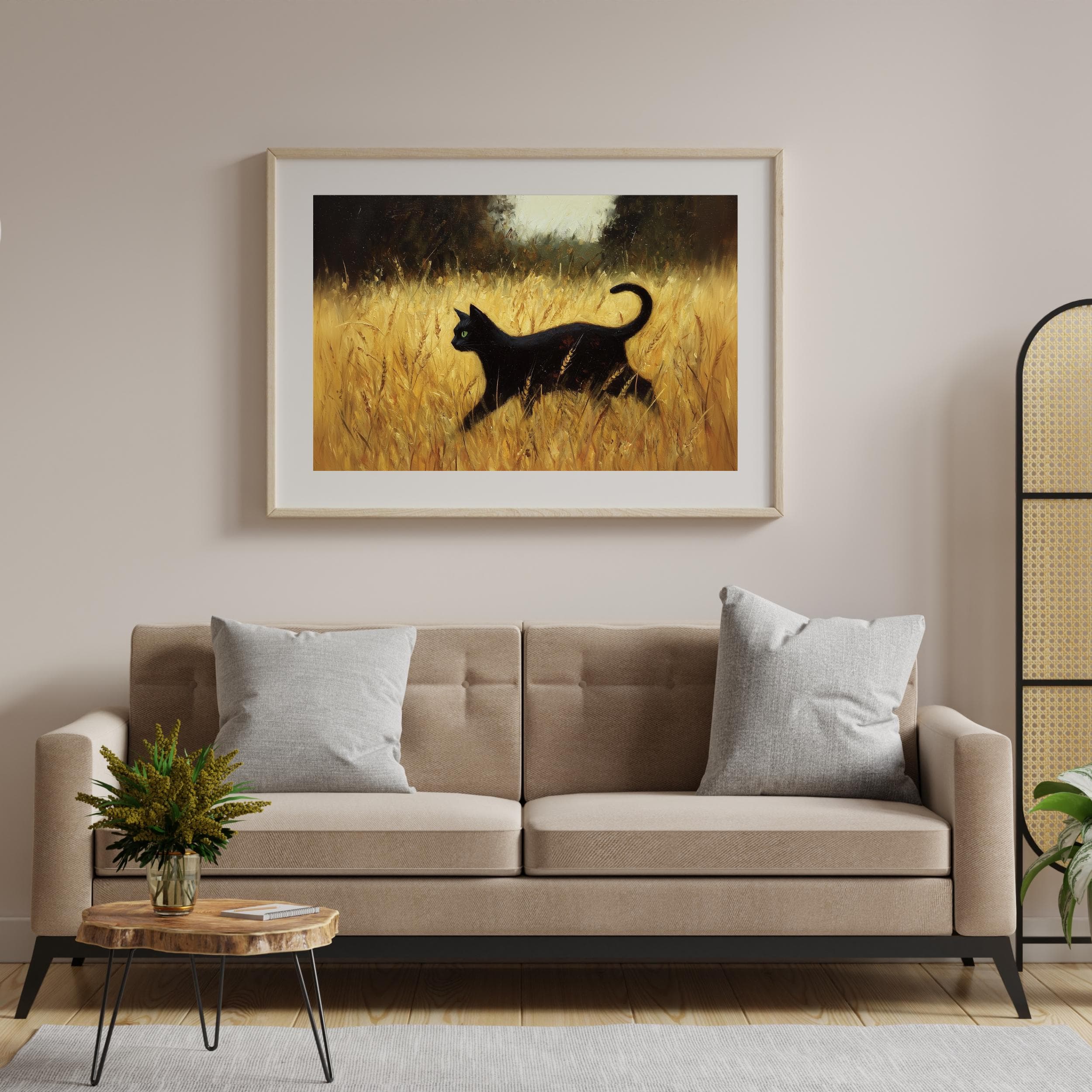 Black Cat Oil Painting Wall Art in Wheat Field, Yellow Gold Landscape, Green Eyes Cat Decor, Vintage Black Cat Wall Art, Vintage Black Cat - view 4