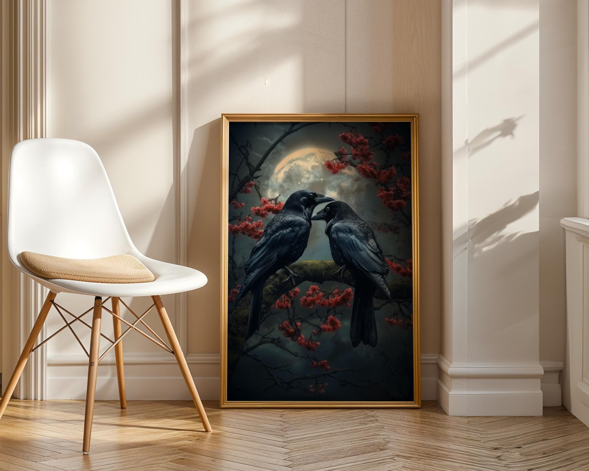 Moonlit Ravens Wall Art Print, Gothic Romance Crow Poster, Dark Academia Raven and Cherry Blossom Painting, Dark Romantic art, Gothic Art - view 3