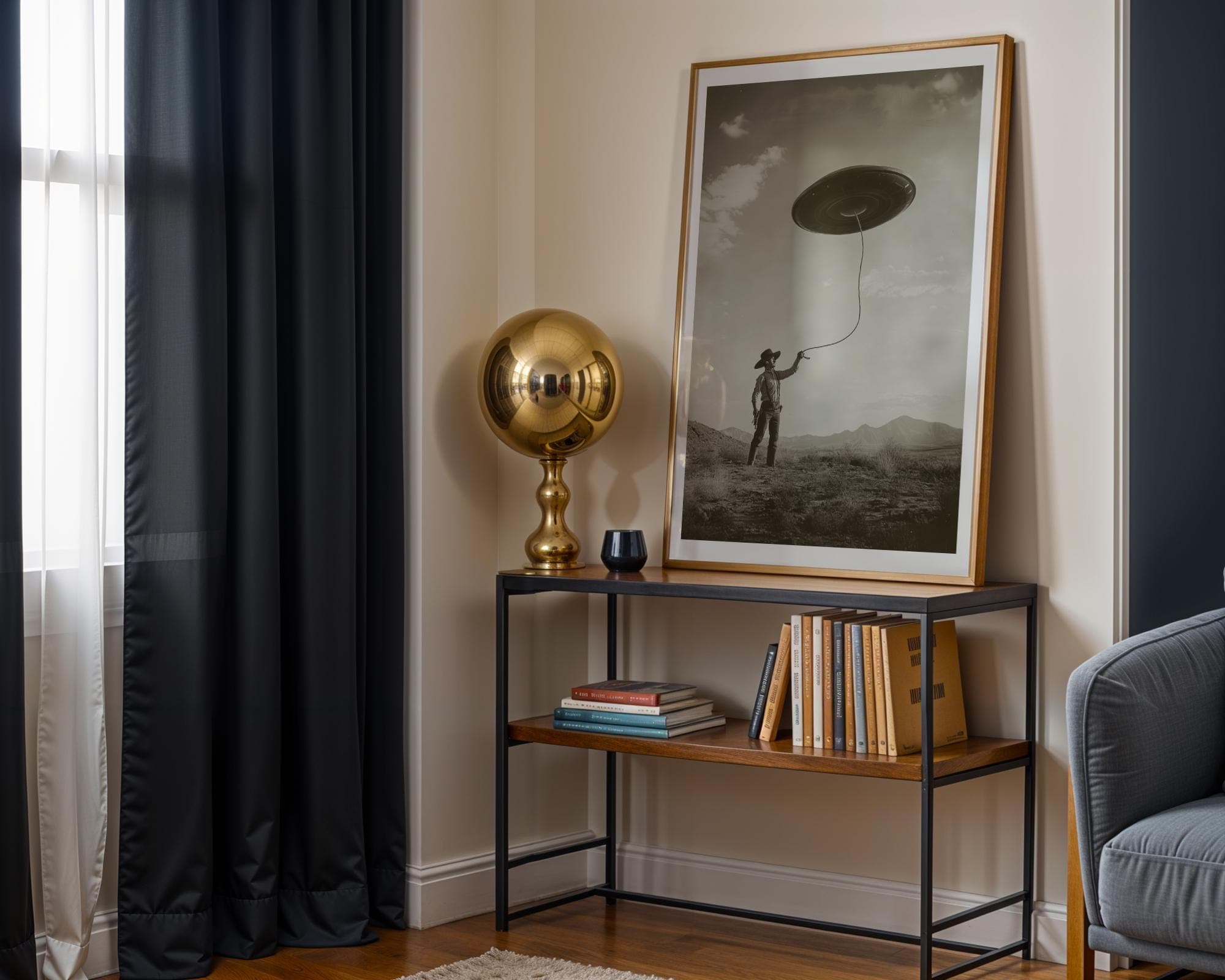 Western Sci‑Fi Cowboy UFO Decor, Surreal Desert UFO Poster, Bedroom Pop of Quirk, Sci-Fi Cowboy, Whimsical Wild West Alien Art Print - view 3