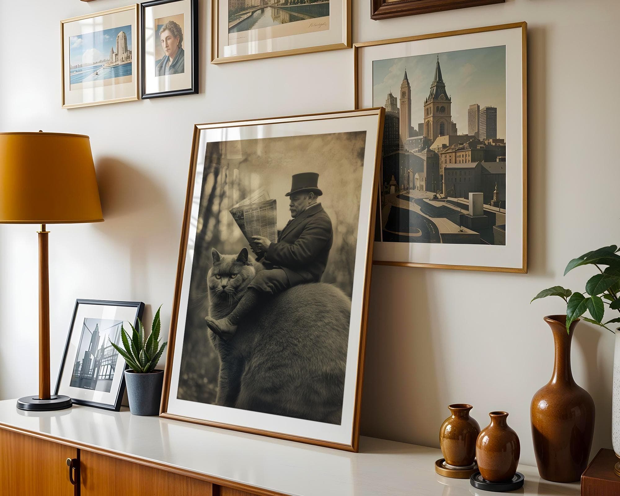 Vintage Cat Wall Art Funny Victorian Man Riding Fat Cat Reading Newspaper, Quirky Vintage Decor, Whimsical Animal Art, Dark Academia Decor - view 3