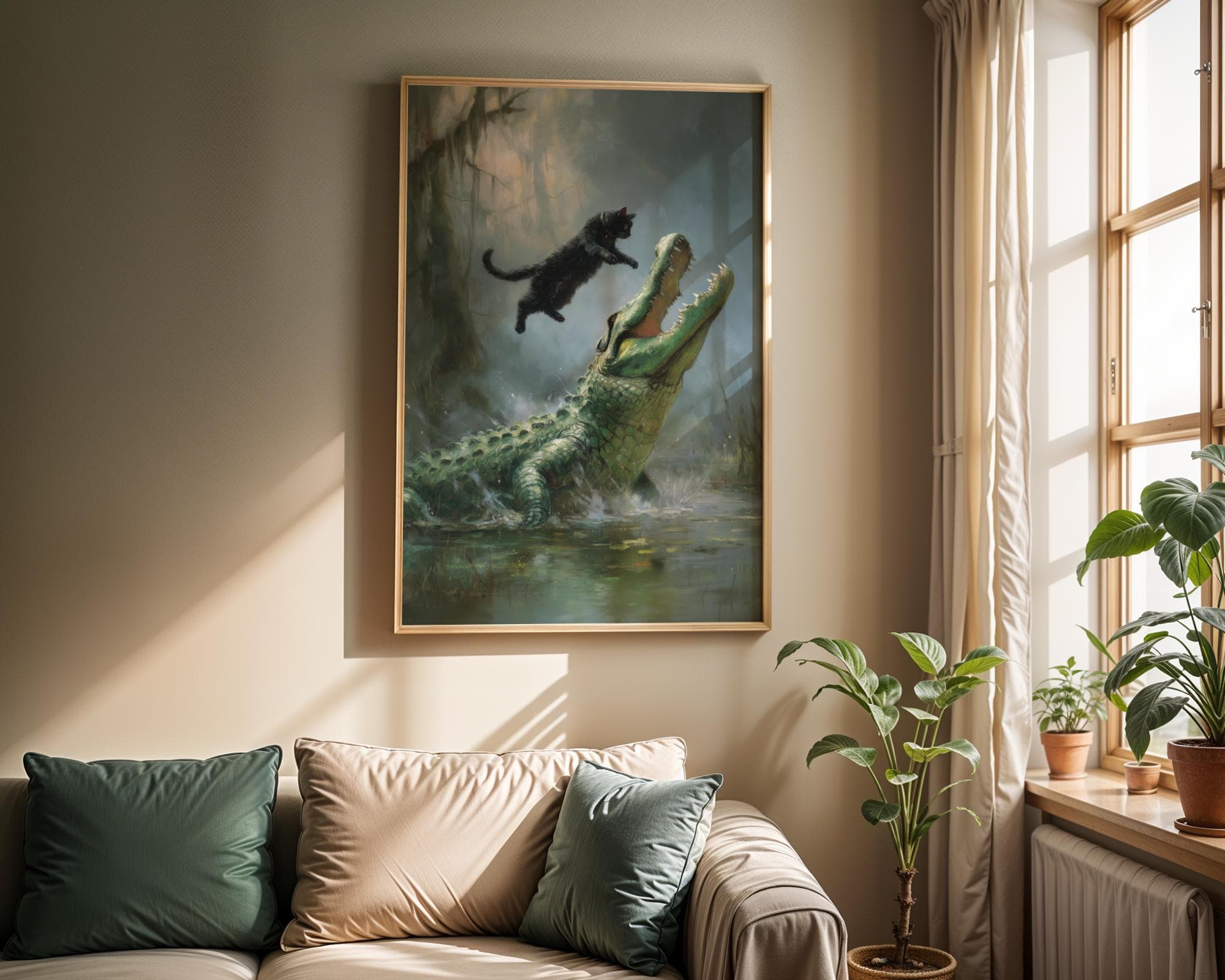Fearless Cat vs Alligator ā Fantasy Wildlife Wall Art, Heroic Cat Scene, Funny Black Cat Decor, Dramatic Digital Oil Style Wildlife Painting - view 3