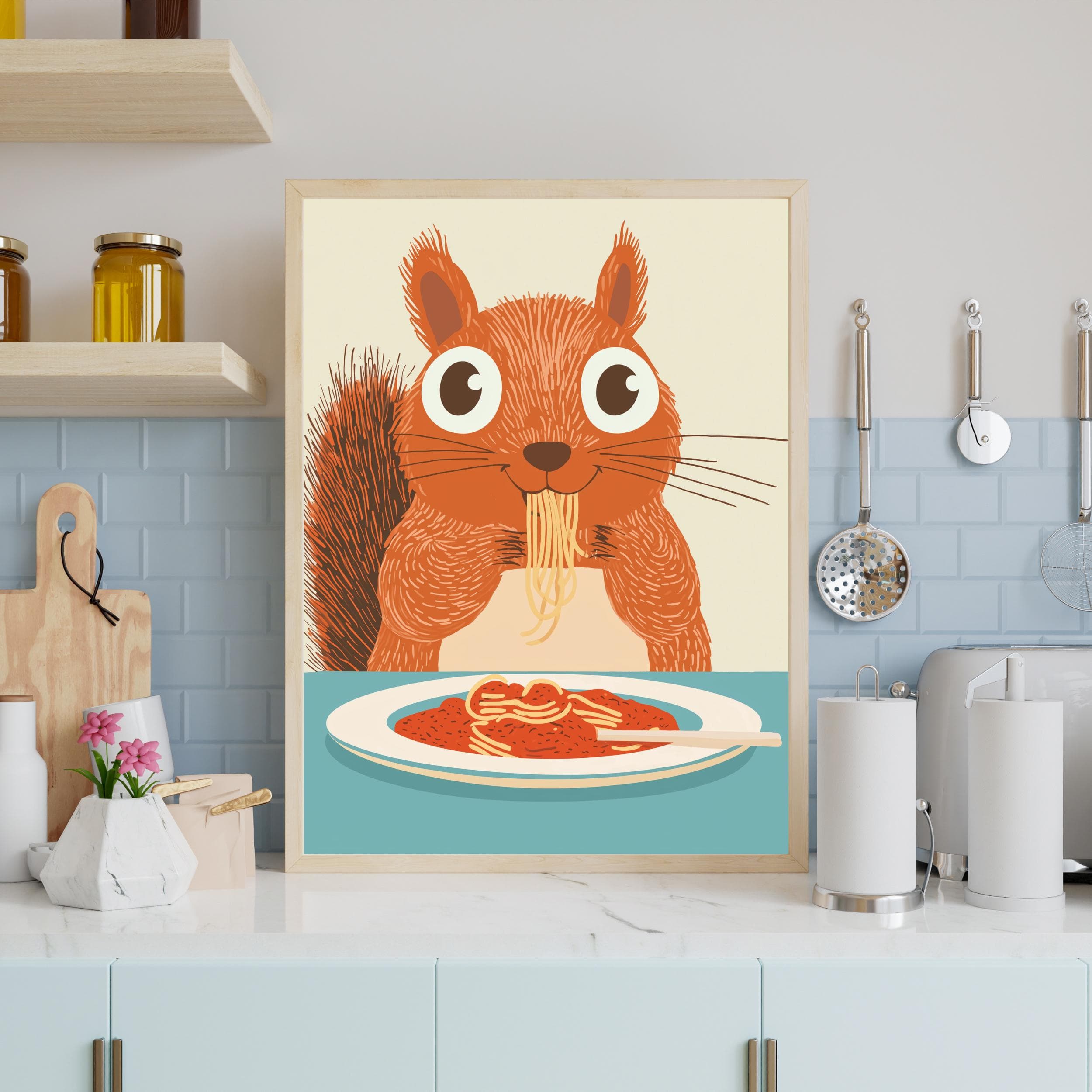 Squirrel Spaghetti Art Print,Whimsical Squirrel Kitchen Decor, Squirrel Pasta Print,Charming Squirrel Kitchen Print, Maximalist Squirrel Art - view 2