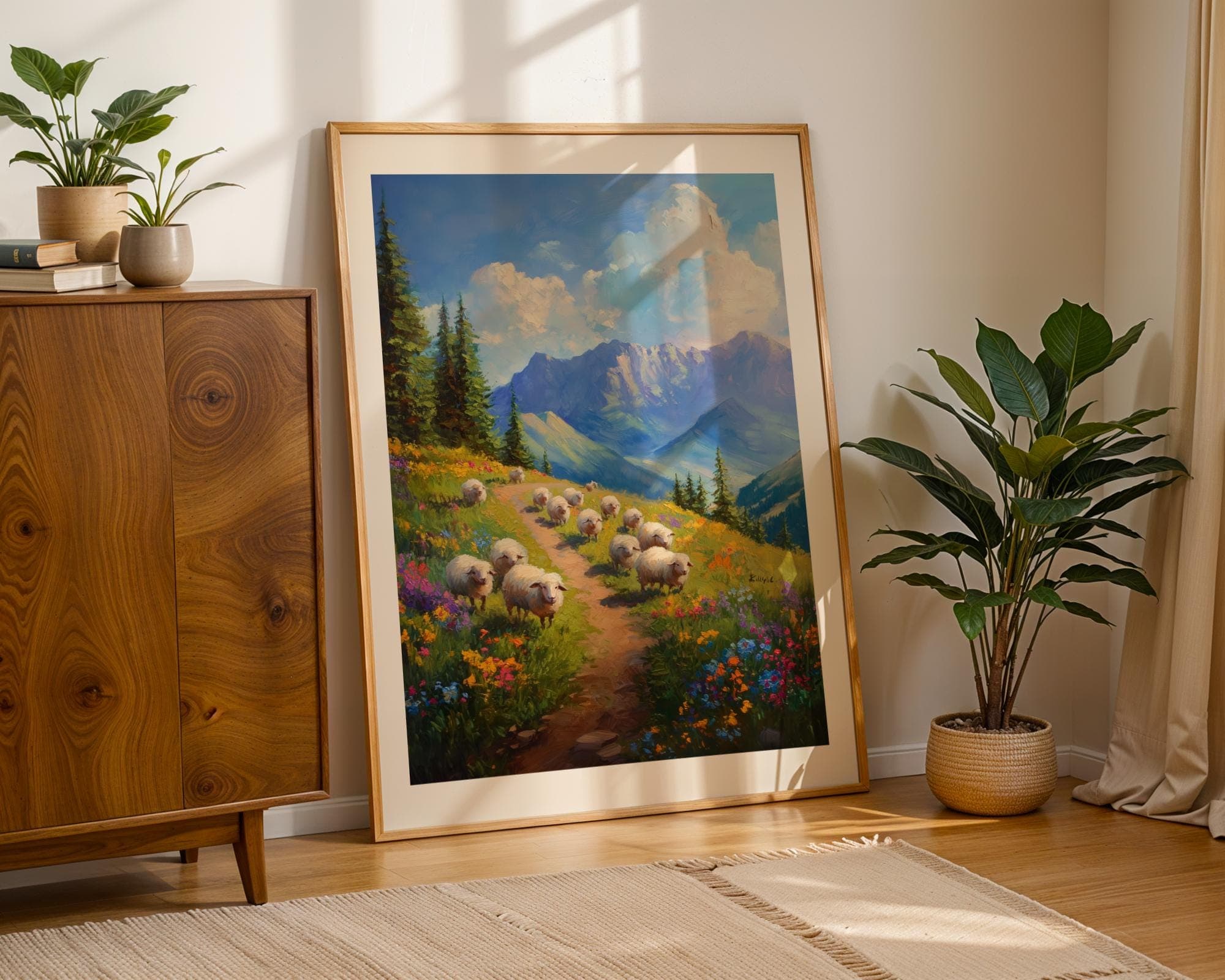 Pastoral Mountain Path Art, Wildflower Meadow Landscape Wall Decor, Nature Lover Wall Decor, Peaceful Nature Wall Print, Sheep Painting - view 6