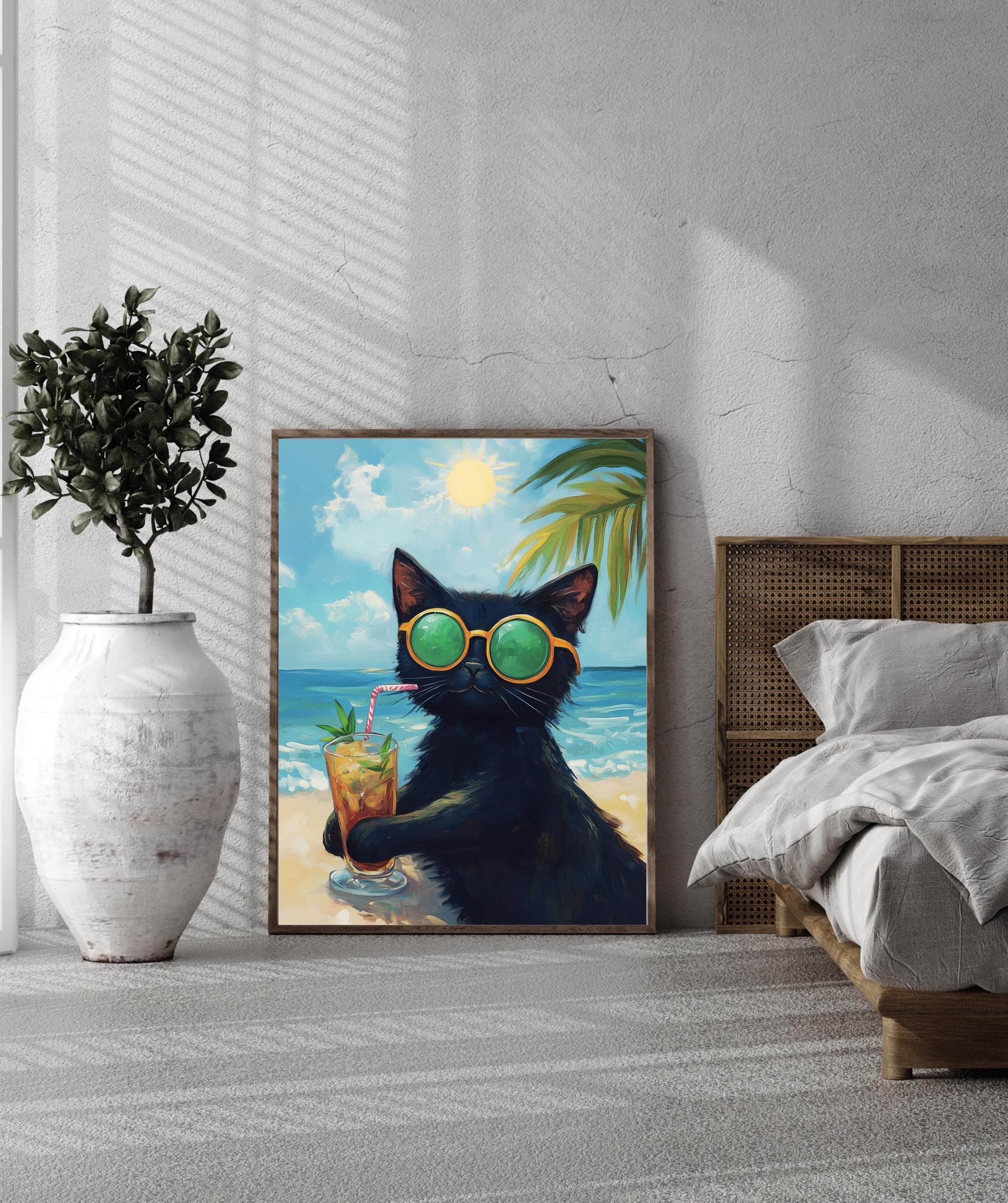 Sunbathing Cat Art Print, Black Cat Digital Poster, Black Cat Oil Painting, Summer Vibes Art Print, Matisse Cat Print, Summer Beach Cat Art - view 3