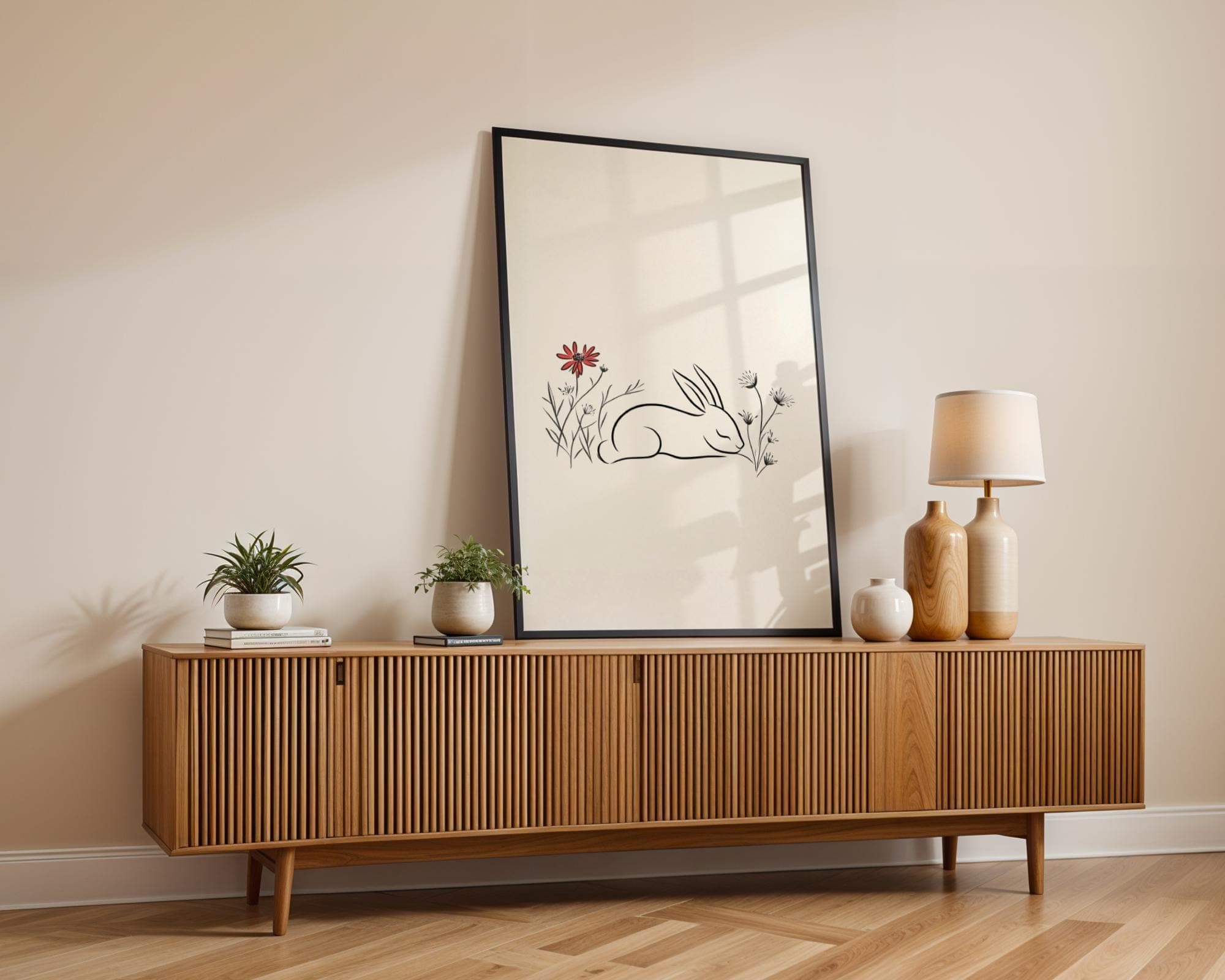 Minimalist Rabbit Wall Art, Scandinavian Animal Print, Minimalist Baby Room Art, Botanical Line Art Rabbit, Beige Botanical Wall Art - view 5