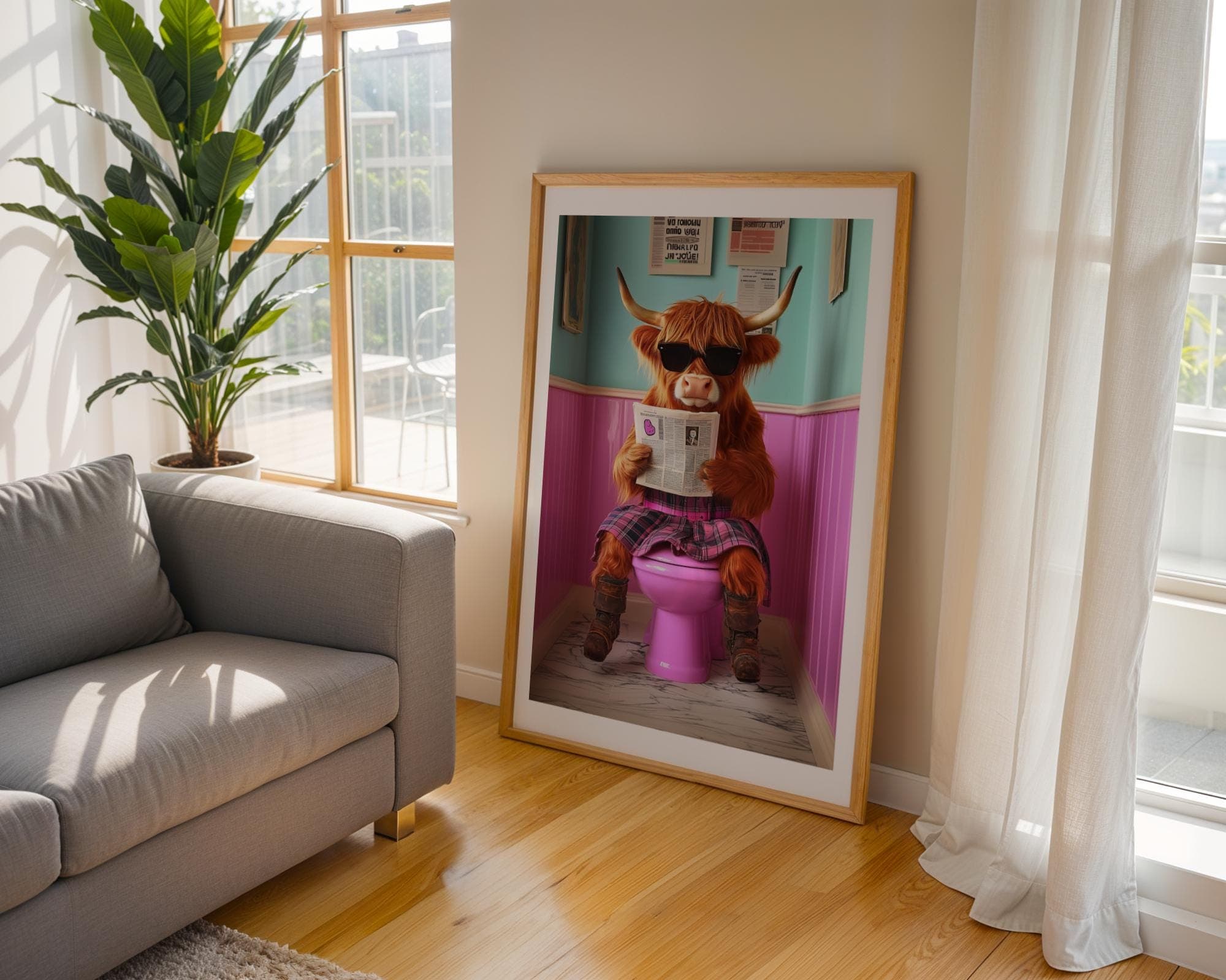 Cute Highland Cow Sitting on Toilet, Quirky Pink Toilet Decor, Pink Bathroom Aesthetic Print, Quirky Toilet Poster, Funny animal on toilet - view 6