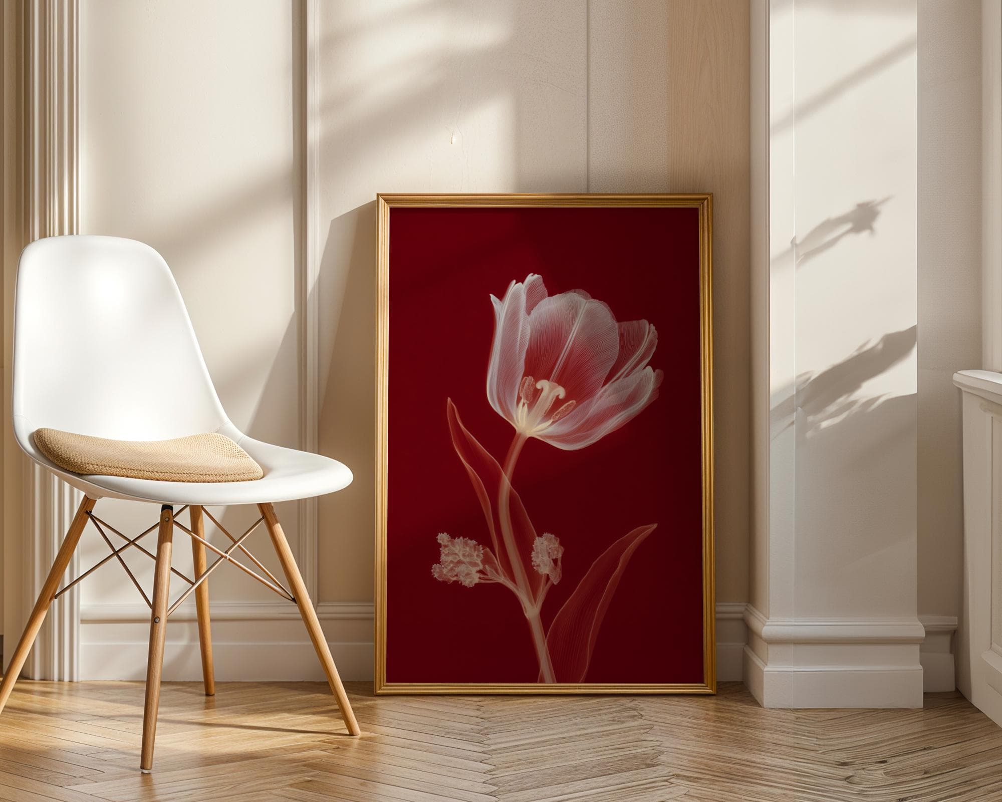 Red X-Ray Tulip Flower Wall Art Print, Minimal Flower Poster, X-Ray Tulip Flower Wall Art, Minimal X-Ray Flower Art, Deep Red Botanical Art - view 3