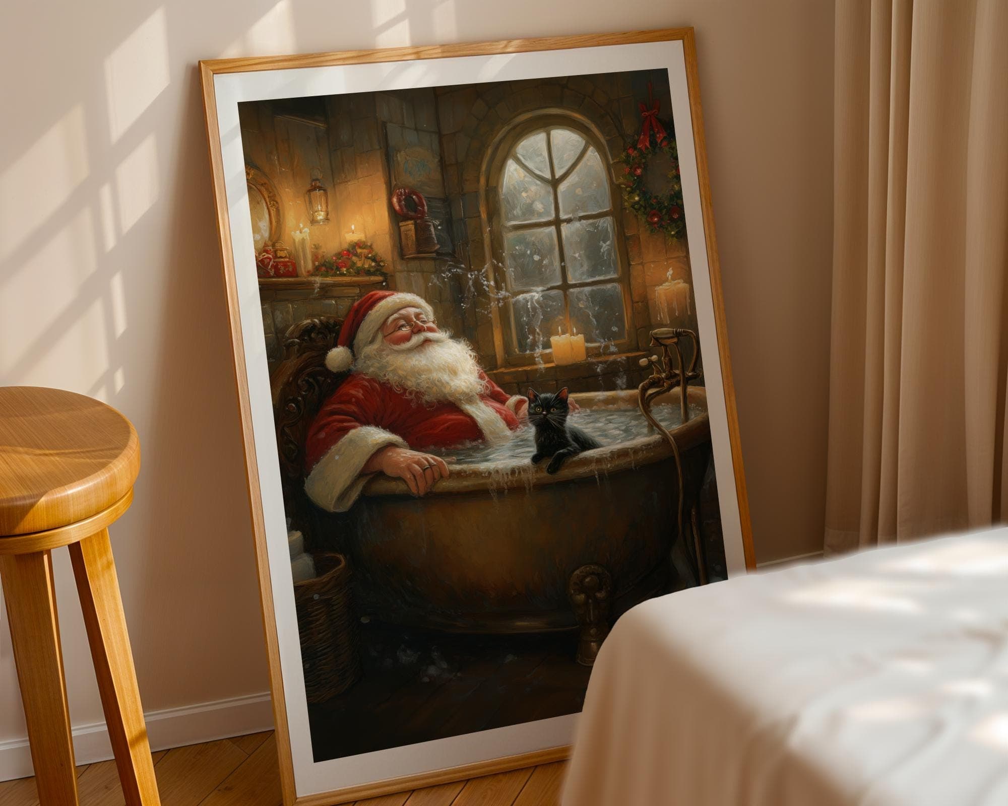 Santa Claus and Black Cat in Bathtub DIGITAL DOWNLOAD, Cat PRINTABLE Wall Art, Maximalist Christmas Home Decor, Santa and Black Cat Wall Art - view 7